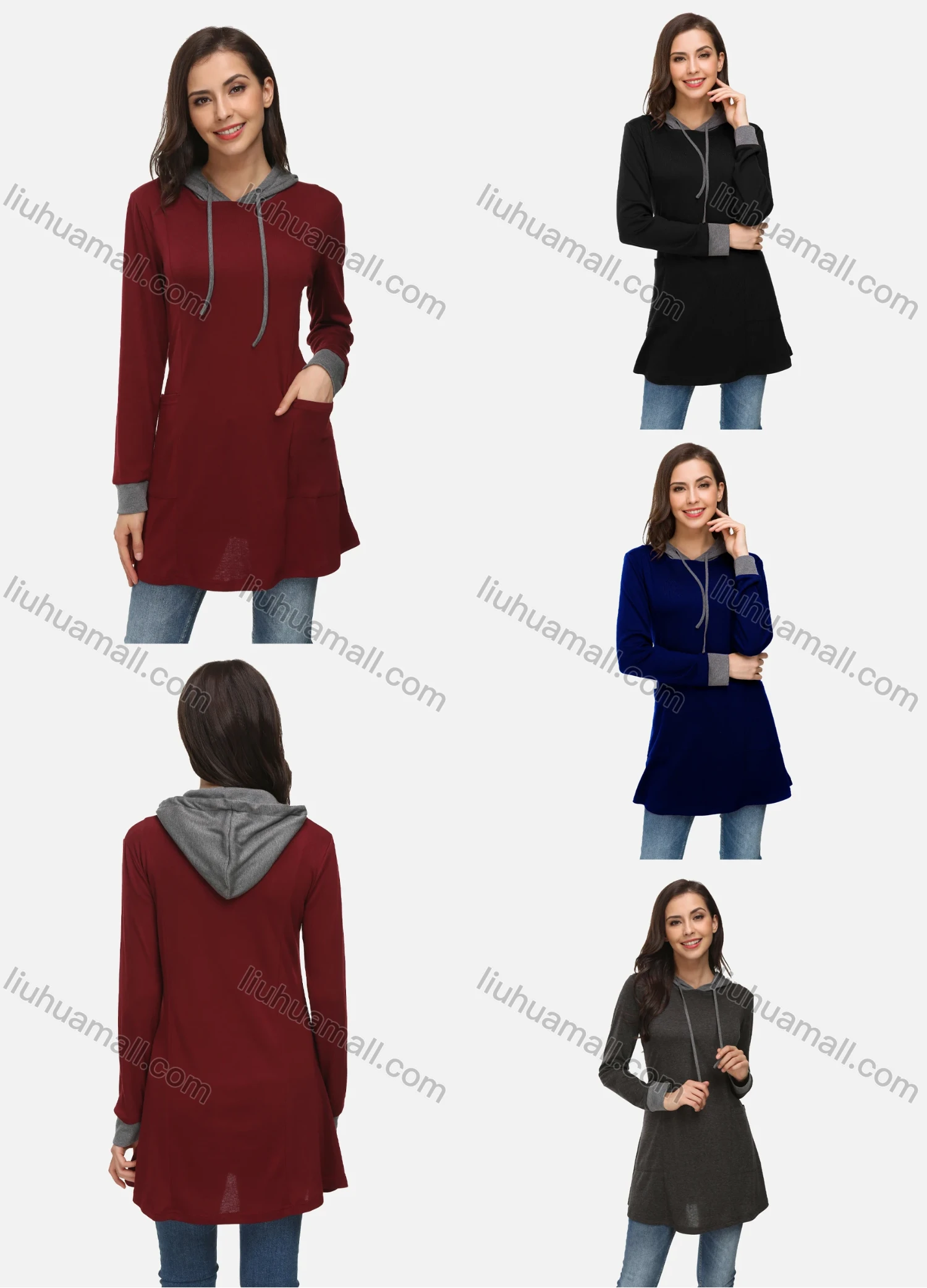 Wholesale Women's Dual Pocket Drawstring Casual Hoodie Sweatshirt - Liuhuamall