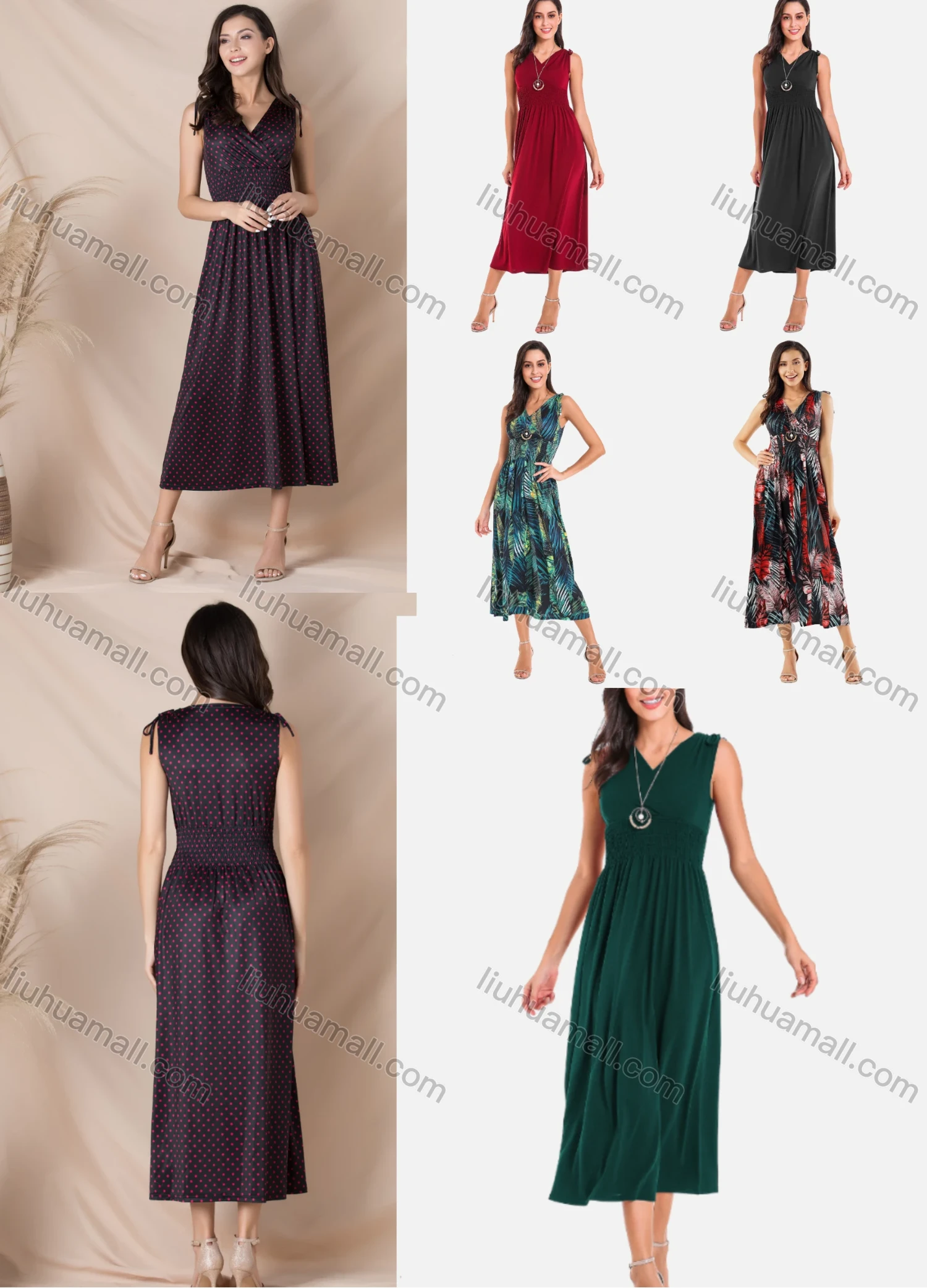 Wholesale Women's Elegant V Neck Sleeveless Lace Up High Waist Shirred Midi Tank Dress - Liuhuamall