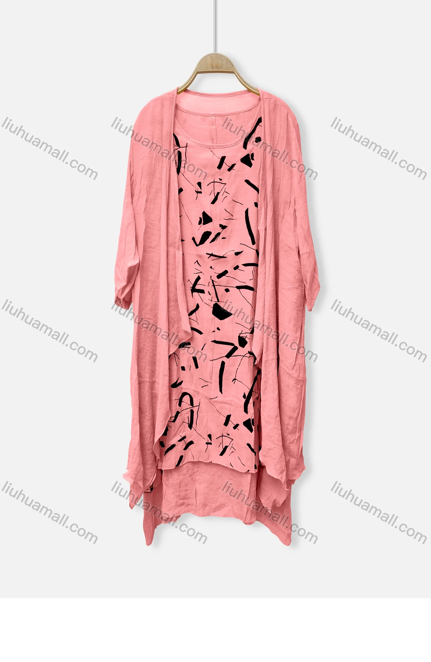 Wholesale Women's Casual Crew Neck Abstract Print Dress & Long Sleeve Plain Cardigan 2 Piece Set 044# - Liuhuamall