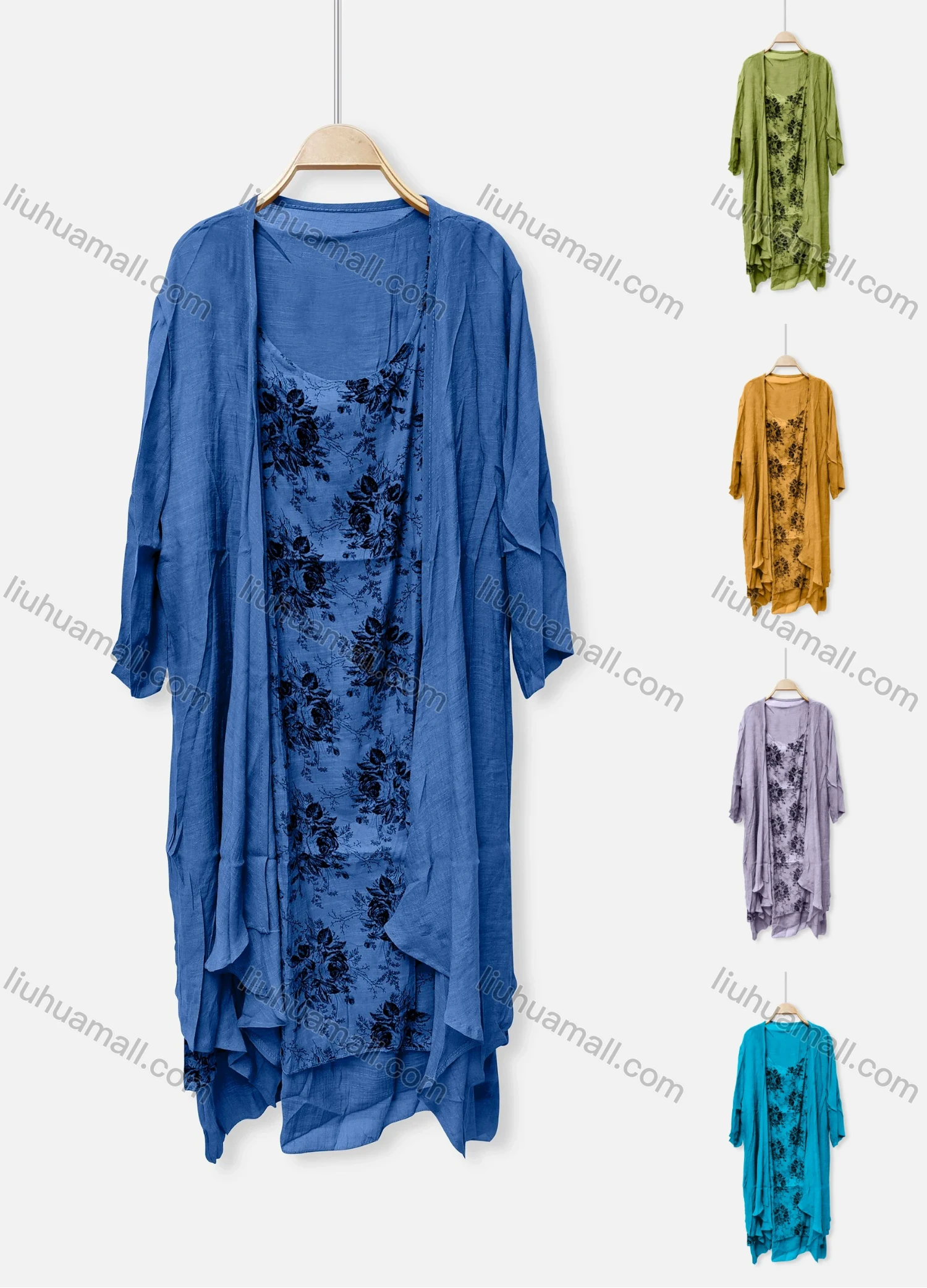 Wholesale Women's Casual Crew Neck Floral Print Dress & Long Sleeve Plain Cardigan 2-Piece Set 045# - Liuhuamall
