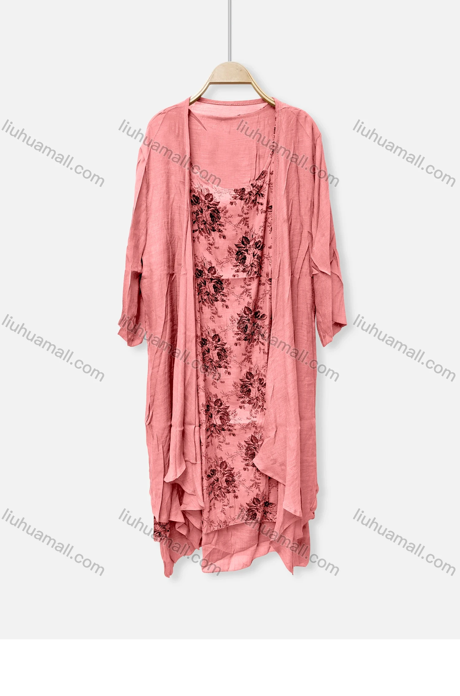 Wholesale Women's Casual Crew Neck Floral Print Dress & Long Sleeve Plain Cardigan 2-Piece Set 045# - Liuhuamall