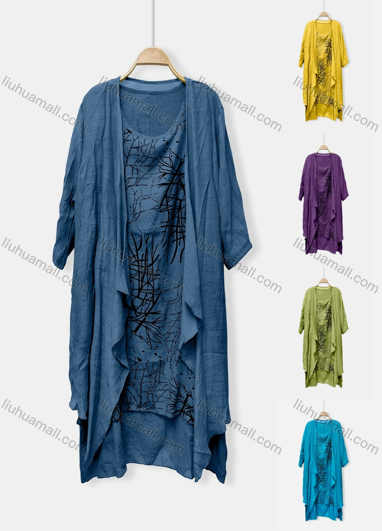 Wholesale Women's Casual Crew Neck Abstract Print Dress & Plain Cardigan 2-Piece Set 047# - Liuhuamall