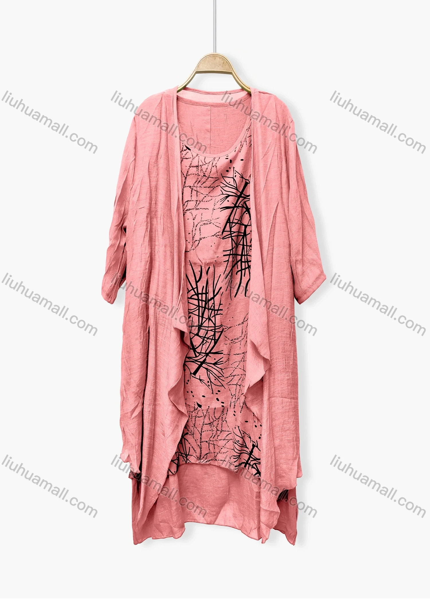Wholesale Women's Casual Crew Neck Abstract Print Dress & Plain Cardigan 2-Piece Set 047# - Liuhuamall