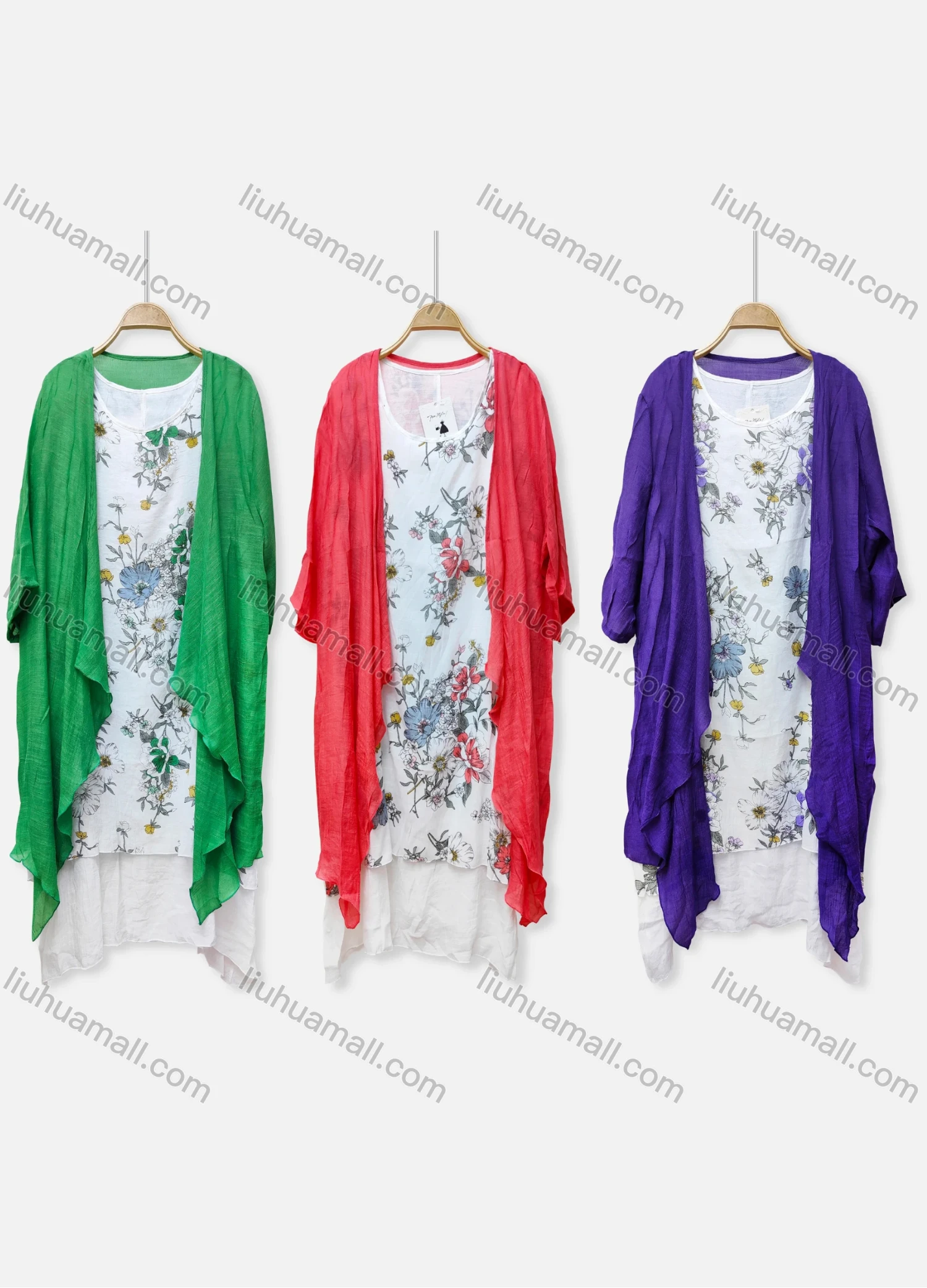 Wholesale Women's Casual 2 Piece Crew Neck Floral Print Sleeveless Dress & Plain Cardigan 048# - Liuhuamall