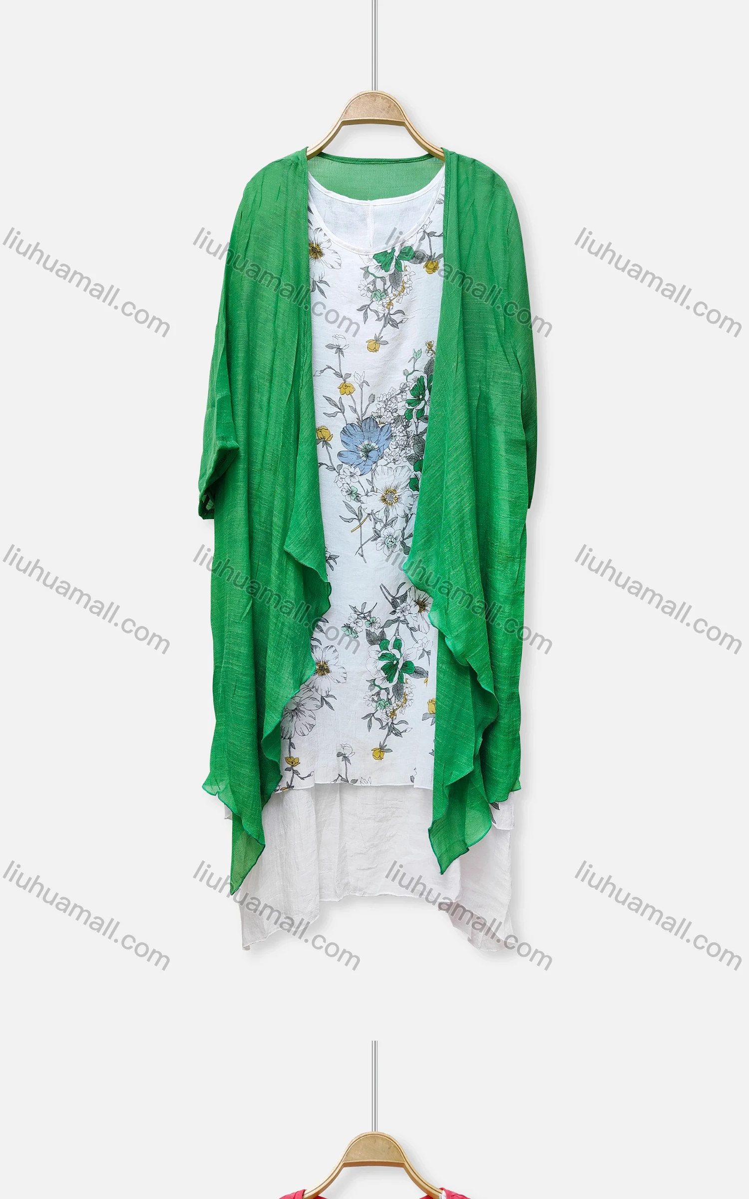 Wholesale Women's Casual 2 Piece Crew Neck Floral Print Sleeveless Dress & Plain Cardigan 048# - Liuhuamall