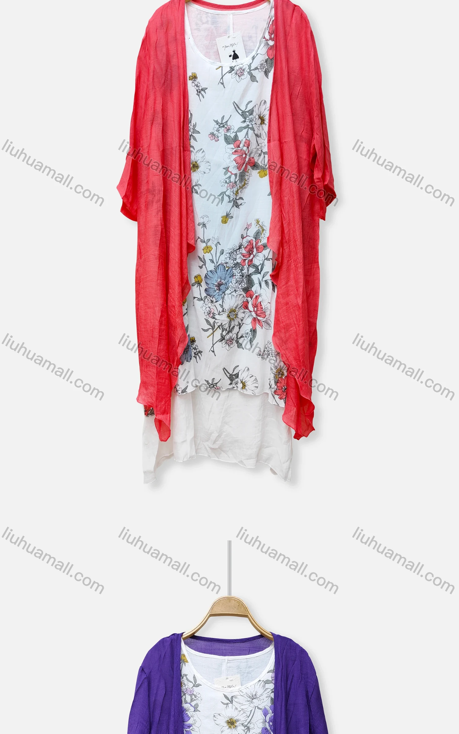 Wholesale Women's Casual 2 Piece Crew Neck Floral Print Sleeveless Dress & Plain Cardigan 048# - Liuhuamall