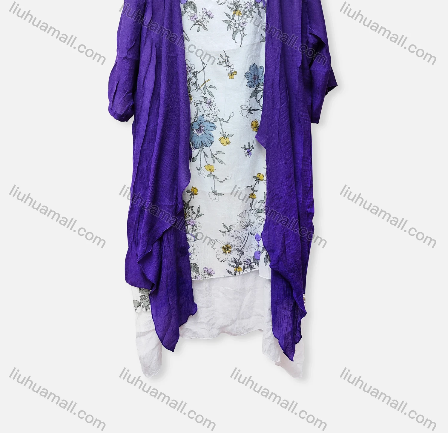 Wholesale Women's Casual 2 Piece Crew Neck Floral Print Sleeveless Dress & Plain Cardigan 048# - Liuhuamall