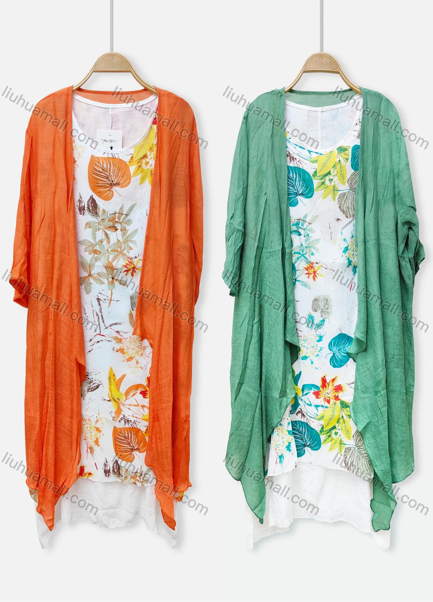 Wholesale Women's Casual Crew Neck Tropical Print Sleeveless Dress & Plain Cardigan 2 Piece Set 049# - Liuhuamall