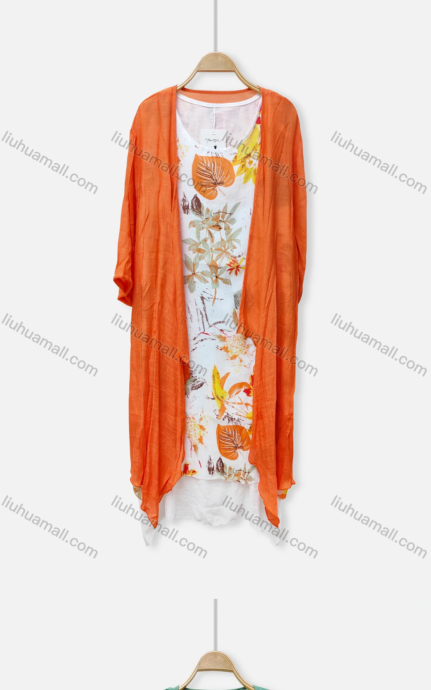Wholesale Women's Casual Crew Neck Tropical Print Sleeveless Dress & Plain Cardigan 2 Piece Set 049# - Liuhuamall