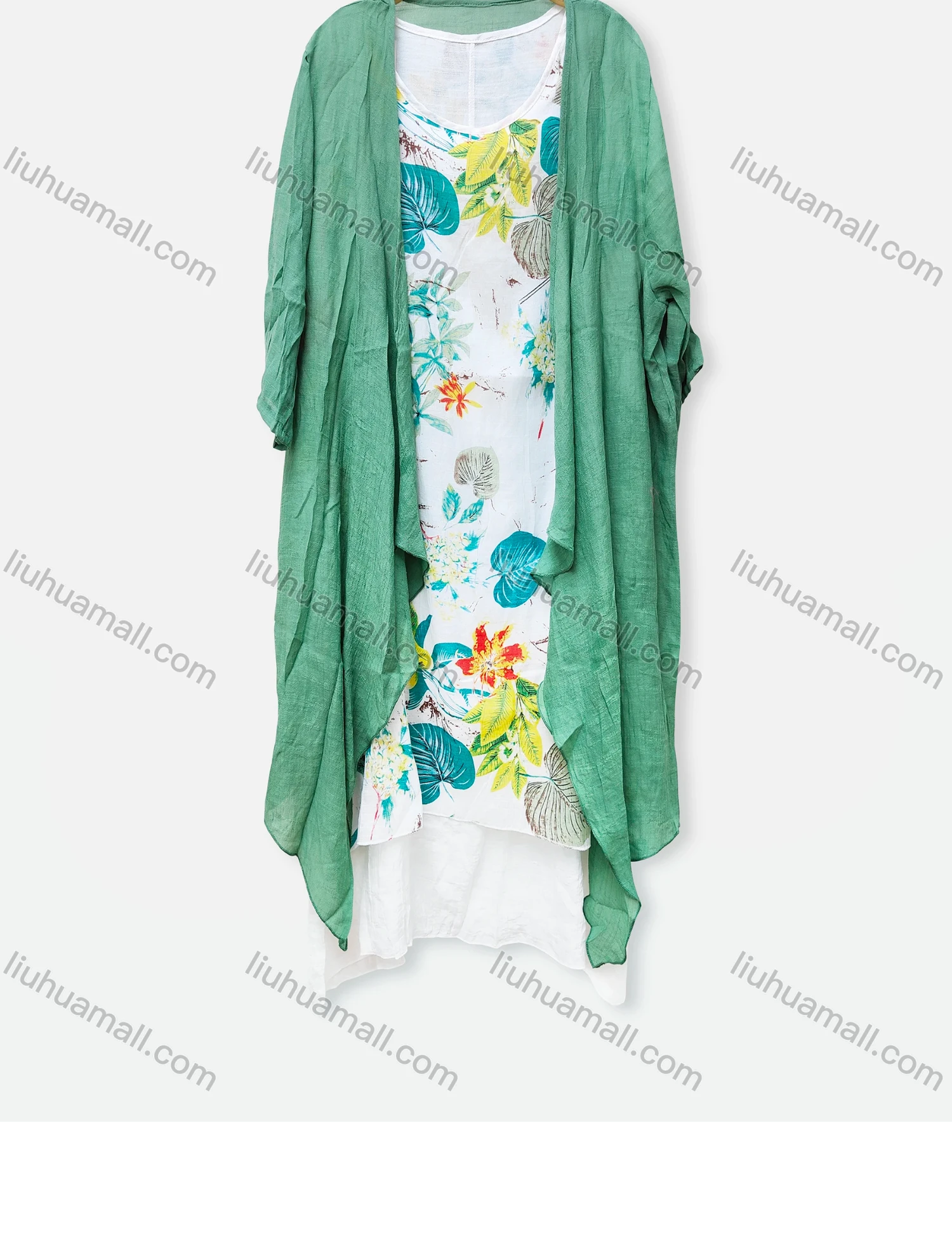 Wholesale Women's Casual Crew Neck Tropical Print Sleeveless Dress & Plain Cardigan 2 Piece Set 049# - Liuhuamall