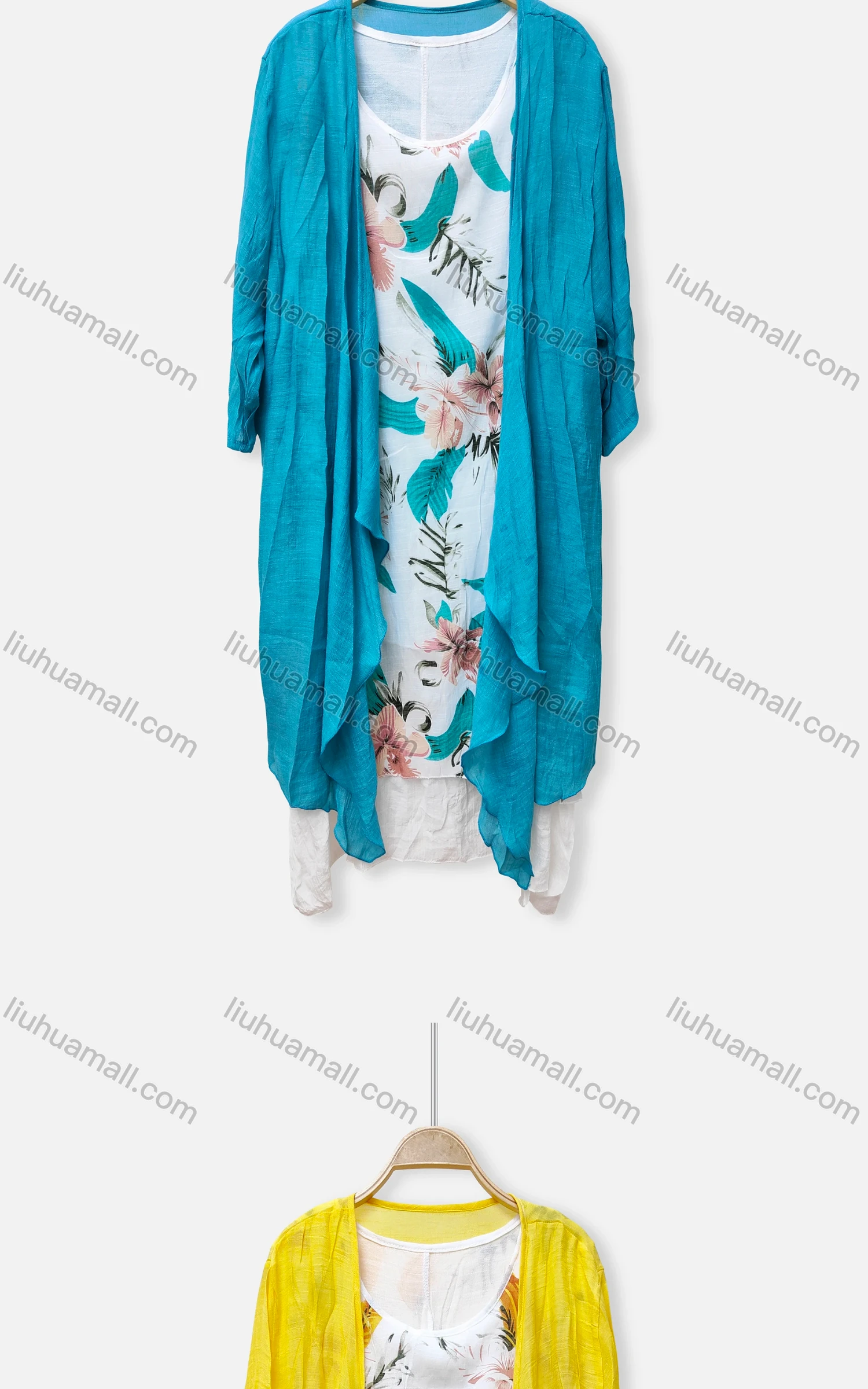 Wholesale Women's Casual 2 Piece Crew Neck Tropical Print Sleeveless Dress & Plain Cardigan 050# - Liuhuamall