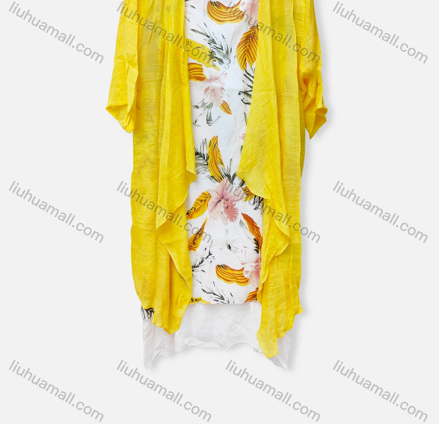 Wholesale Women's Casual 2 Piece Crew Neck Tropical Print Sleeveless Dress & Plain Cardigan 050# - Liuhuamall