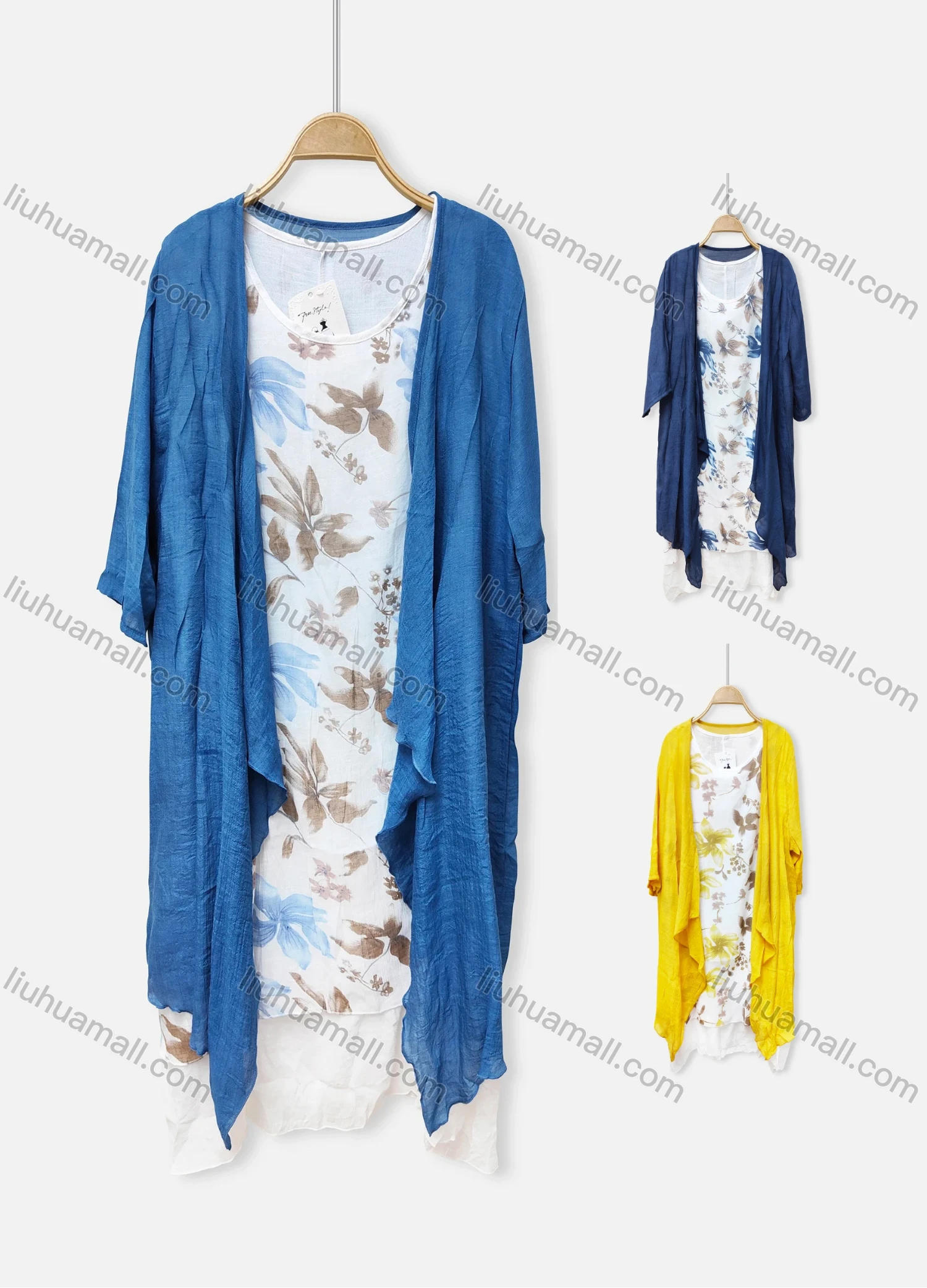 Wholesale Women's Casual Crew Neck Floral Print Dress & Long Sleeve Cardigan 2-Piece Set 051# - Liuhuamall