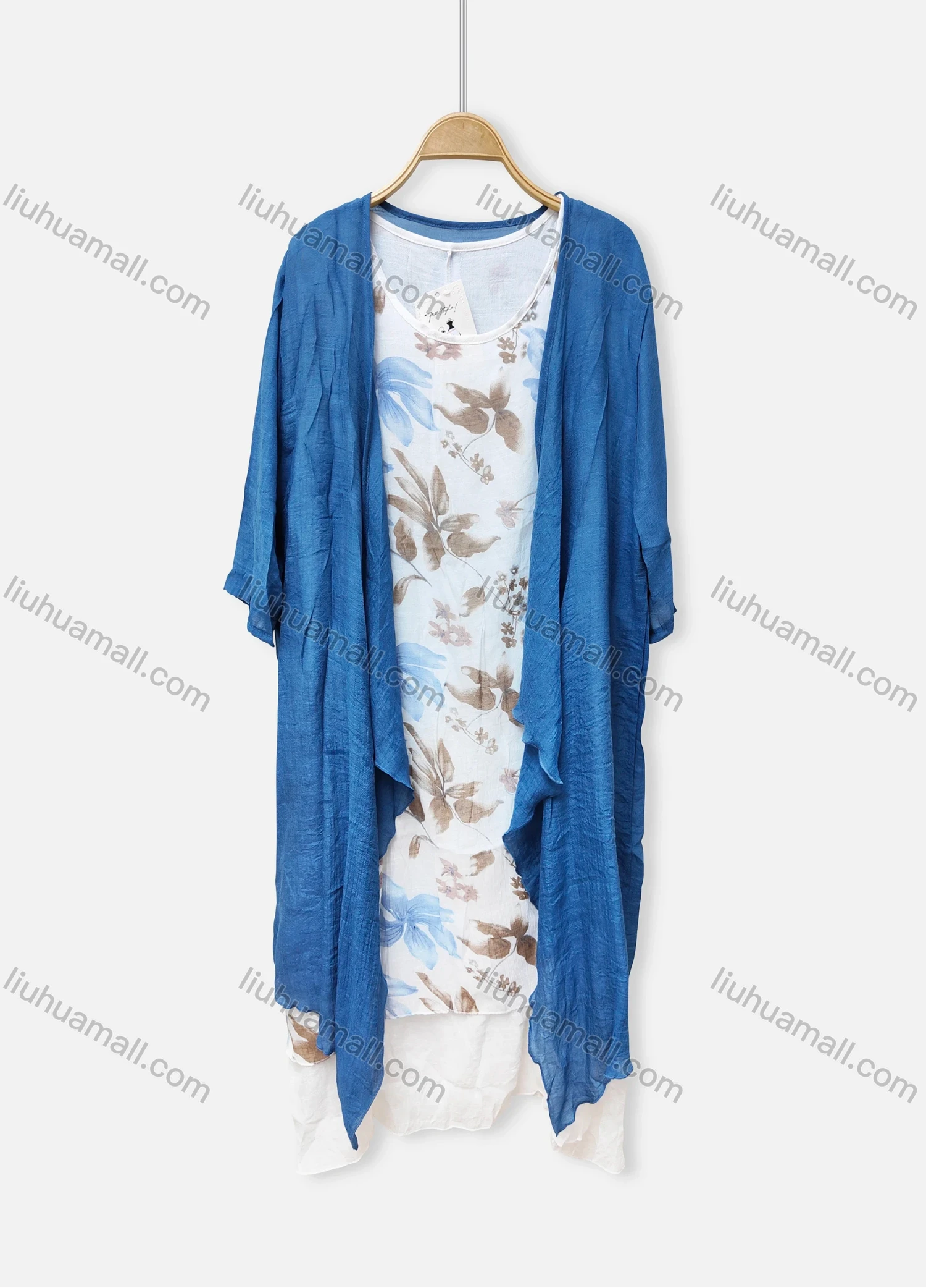 Wholesale Women's Casual Crew Neck Floral Print Dress & Long Sleeve Cardigan 2-Piece Set 051# - Liuhuamall