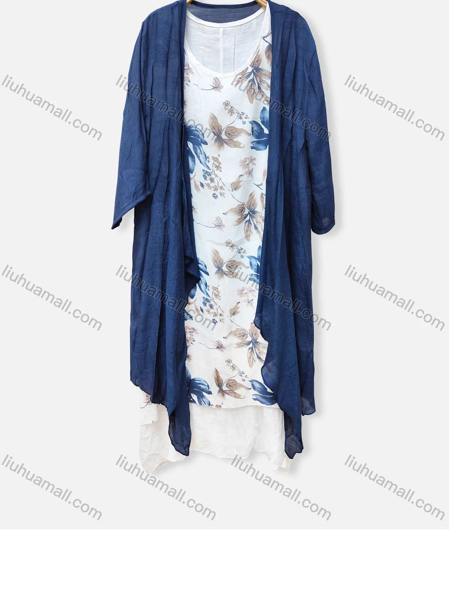 Wholesale Women's Casual Crew Neck Floral Print Dress & Long Sleeve Cardigan 2-Piece Set 051# - Liuhuamall