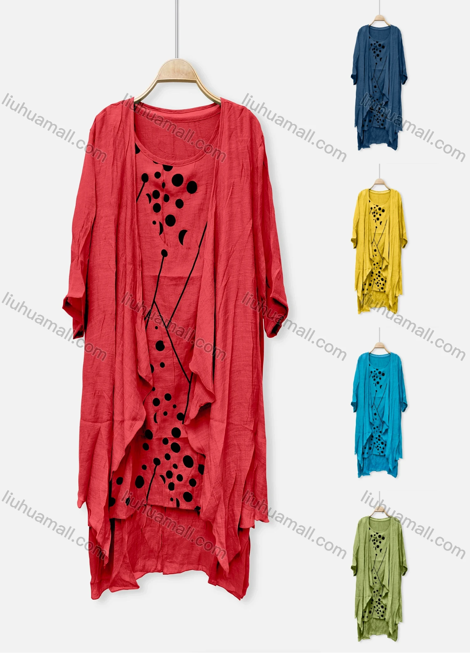 Wholesale Women's Casual Crew Neck Polka Dot Dress & Long Sleeve Plain Cardigan 2-Piece 052# - Liuhuamall