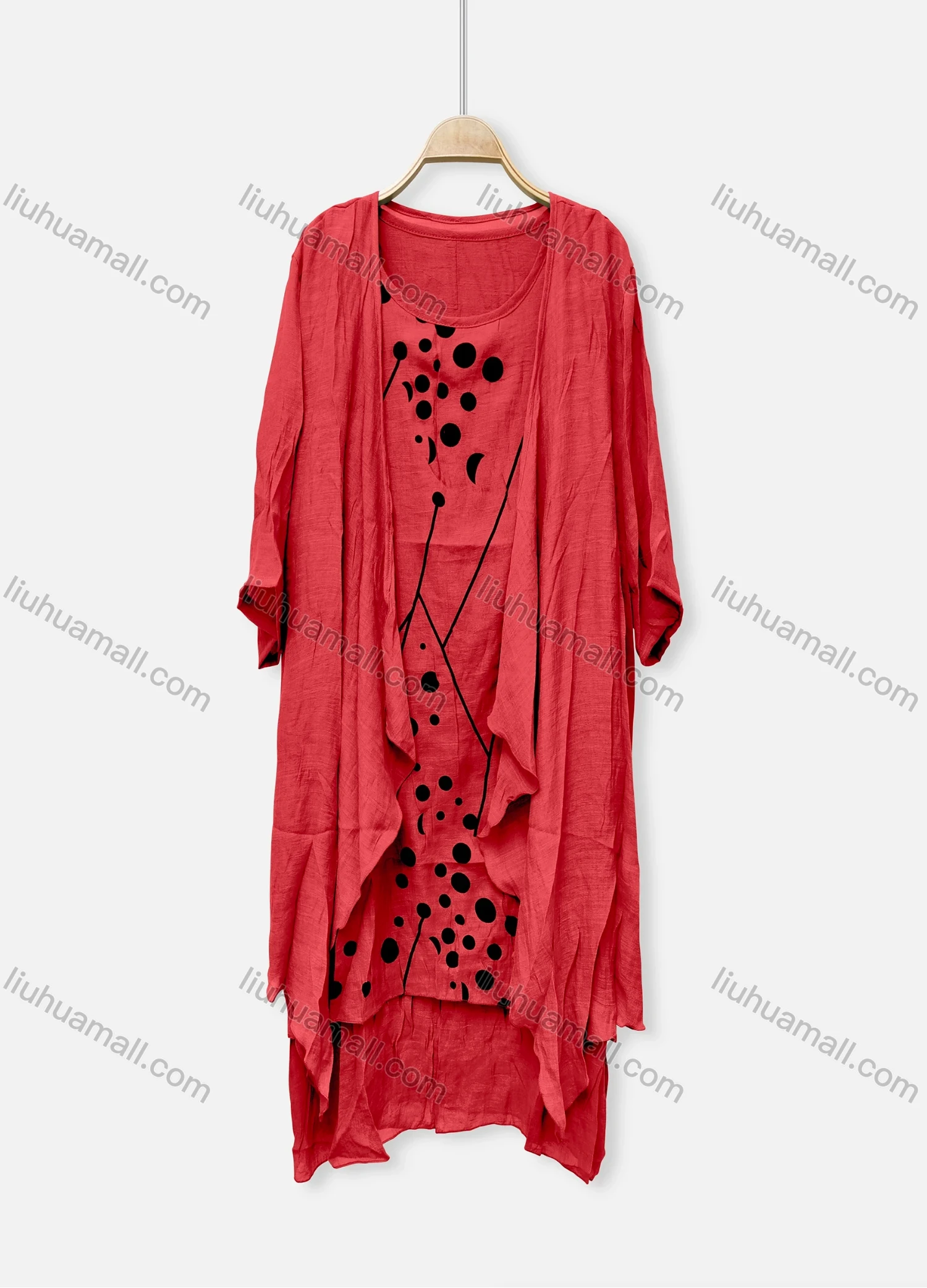 Wholesale Women's Casual Crew Neck Polka Dot Dress & Long Sleeve Plain Cardigan 2-Piece 052# - Liuhuamall
