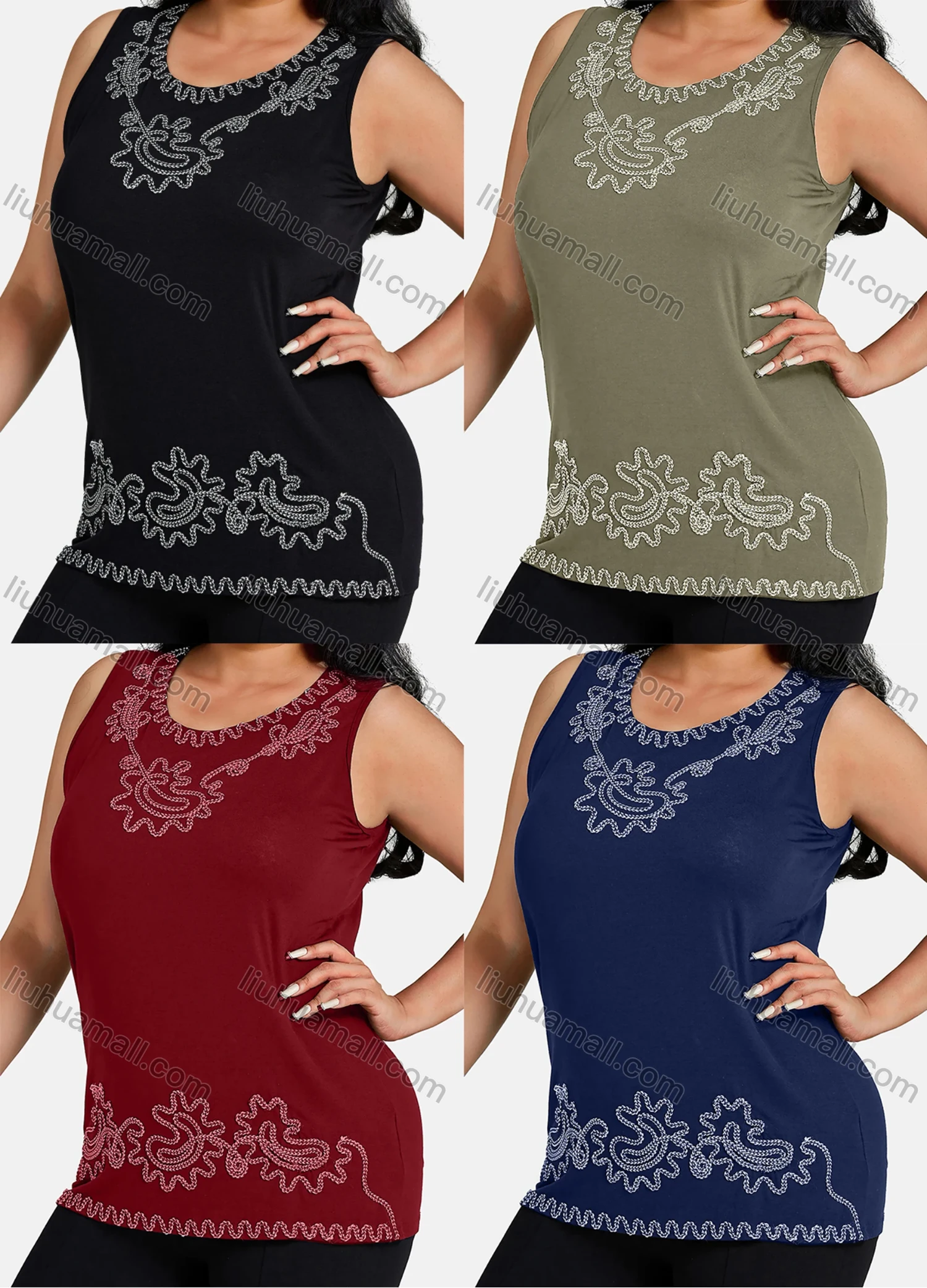 Wholesale Women's Plus Size Floral Embroidery Round Neck Sleeveless Tank Top - Liuhuamall