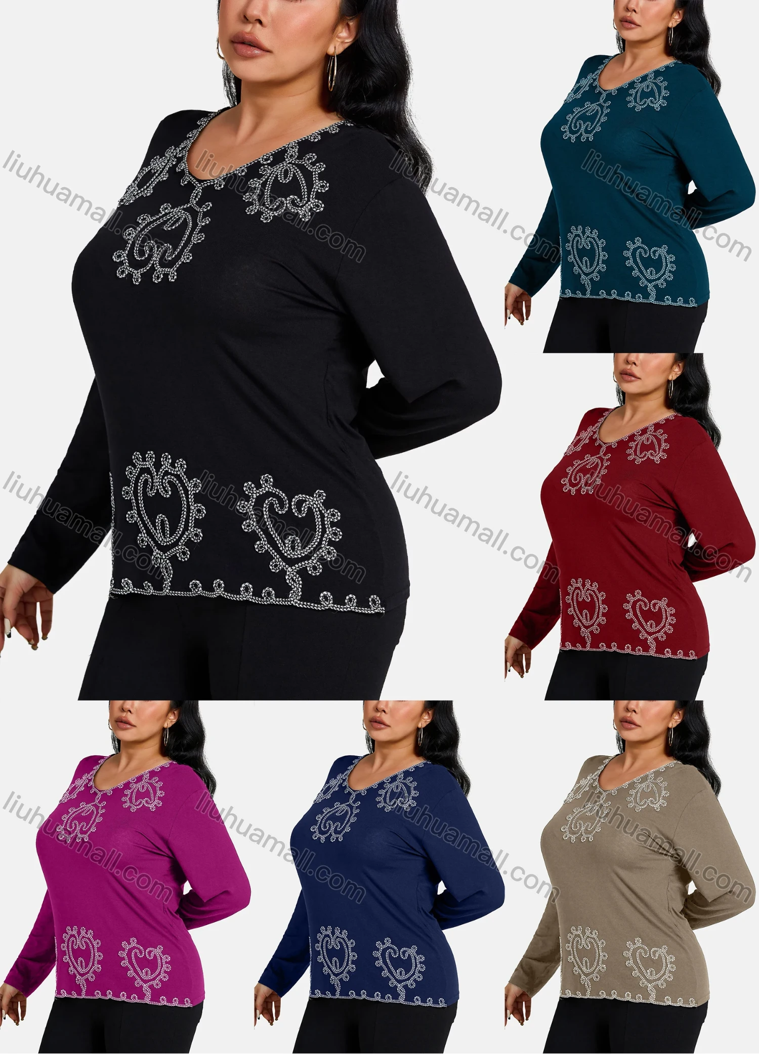 Wholesale Women's Elegant V Neck Floral Sequin Embroidery Long Sleeve T-Shirt - Liuhuamall