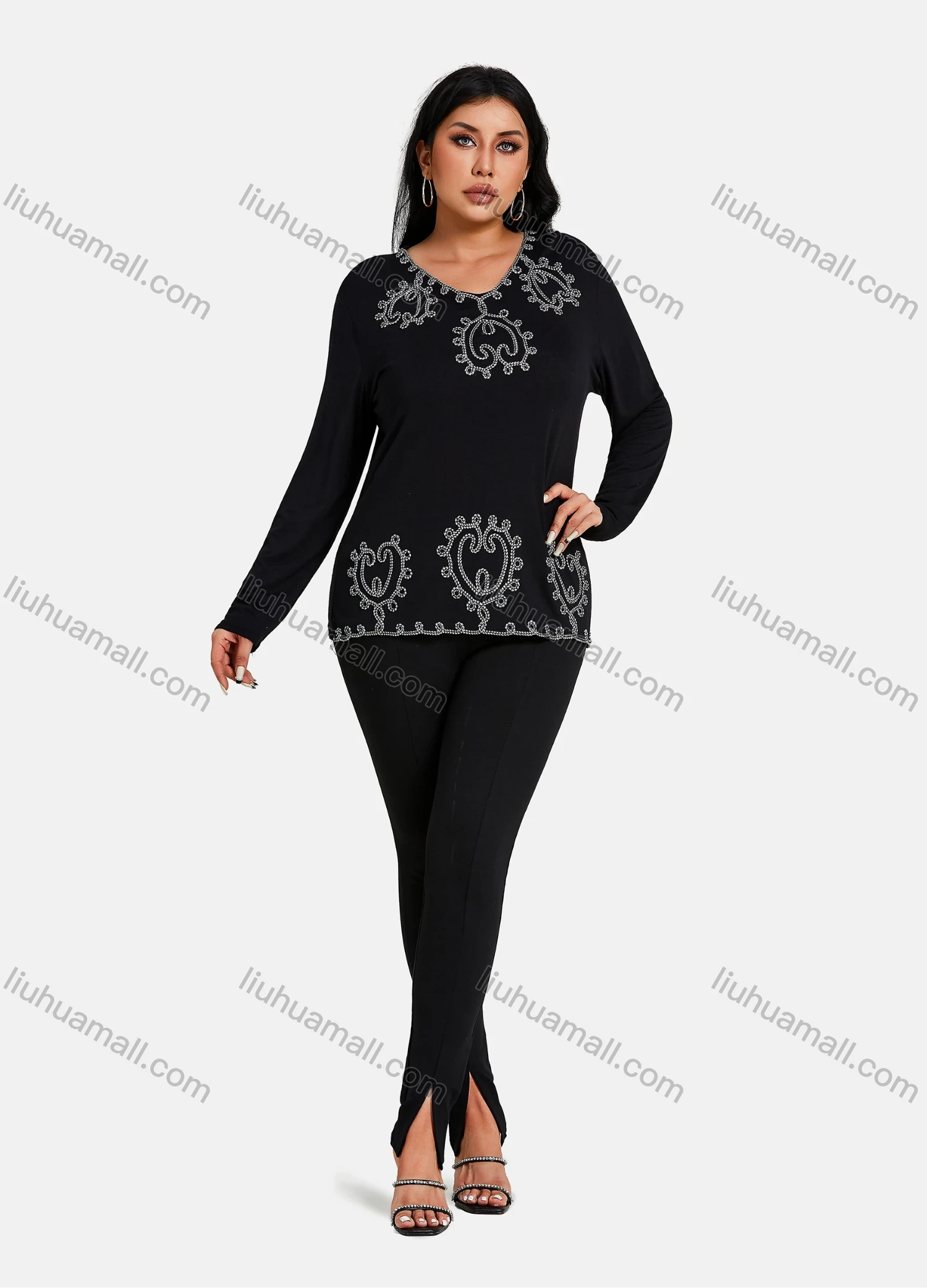 Wholesale Women's Elegant V Neck Floral Sequin Embroidery Long Sleeve T-Shirt - Liuhuamall