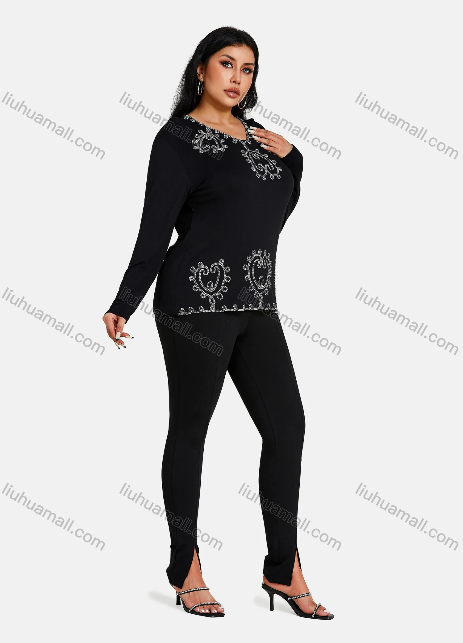 Wholesale Women's Elegant V Neck Floral Sequin Embroidery Long Sleeve T-Shirt - Liuhuamall