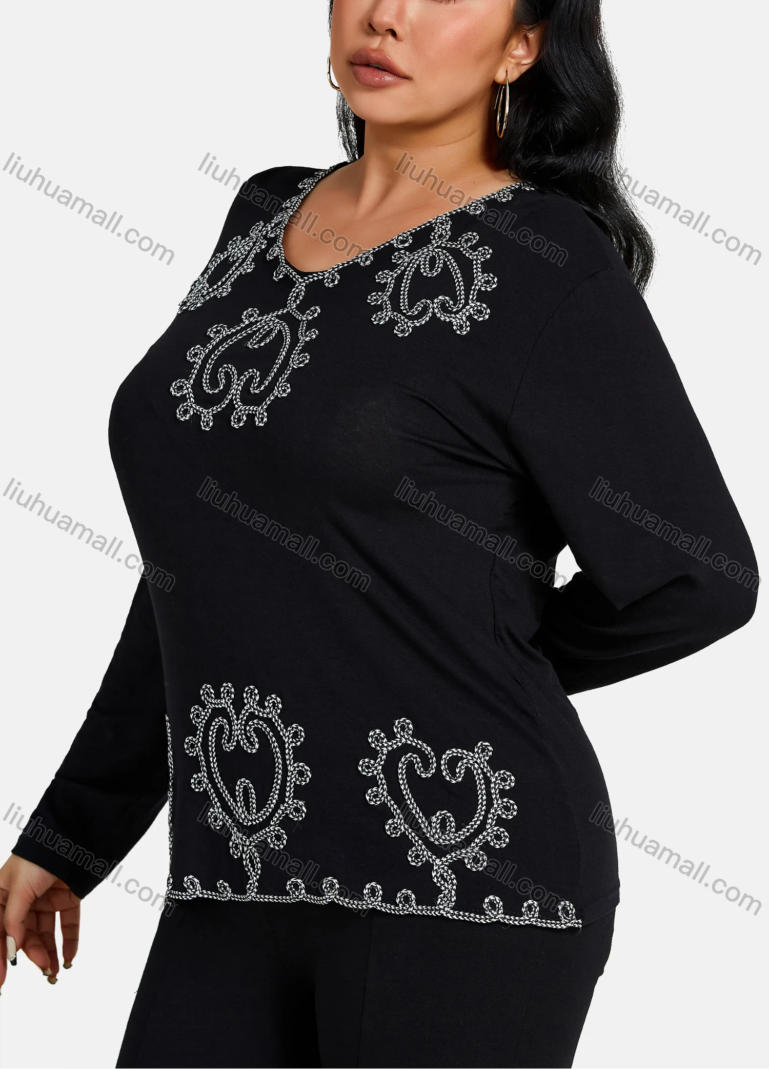 Wholesale Women's Elegant V Neck Floral Sequin Embroidery Long Sleeve T-Shirt - Liuhuamall