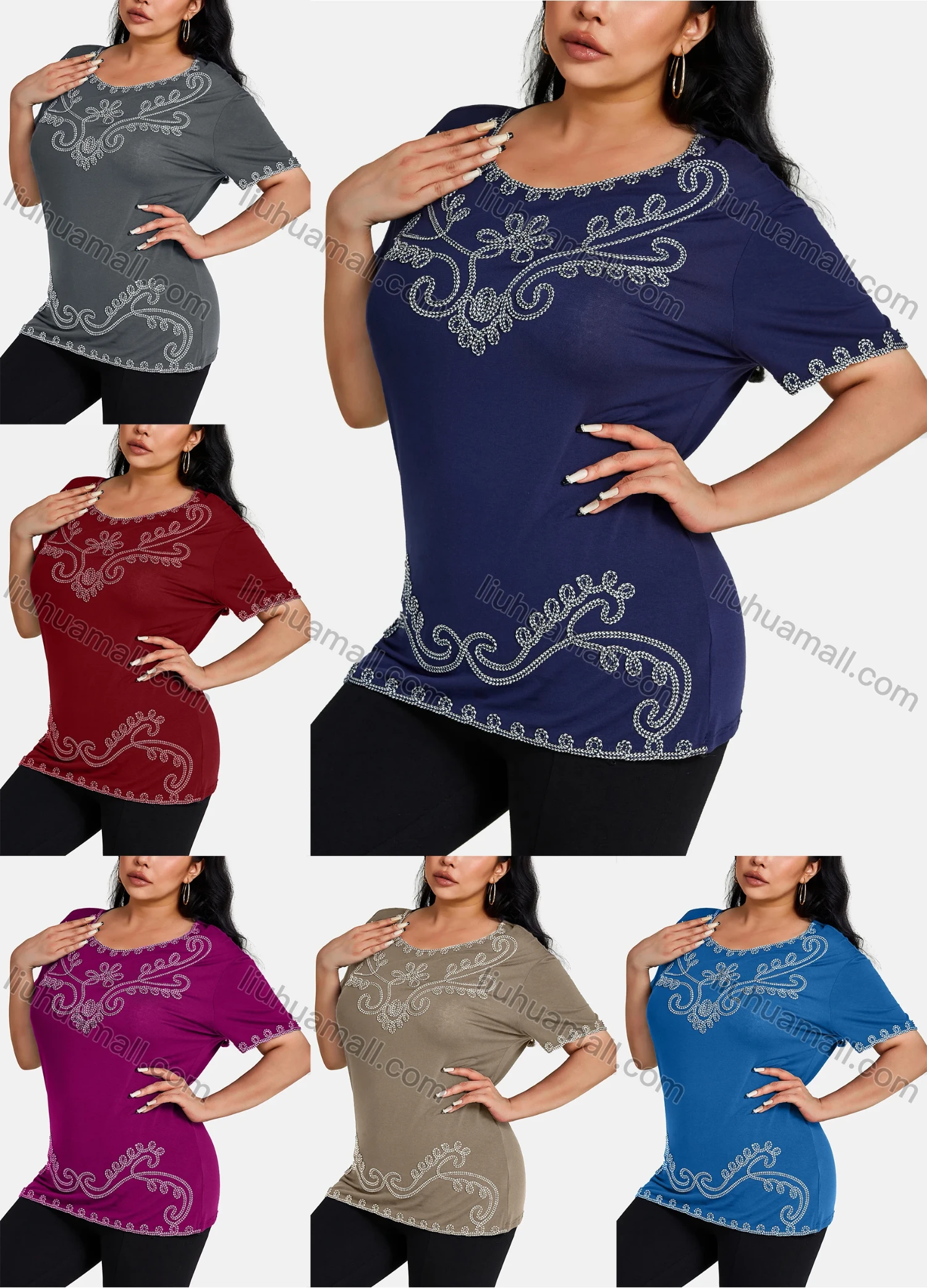 Wholesale Women's Elegant Round Neck Floral Embroidery Short Sleeve T-Shirt - Liuhuamall