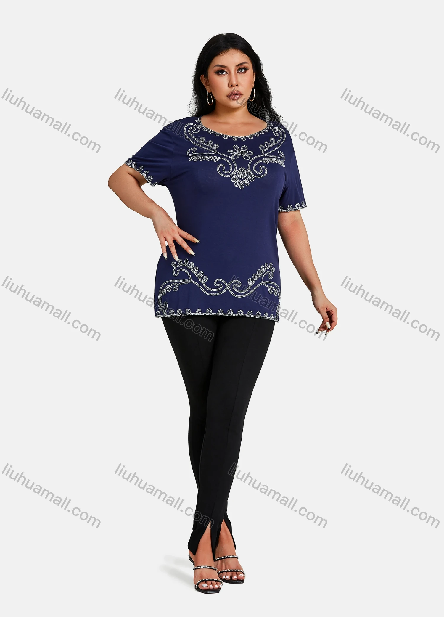 Wholesale Women's Elegant Round Neck Floral Embroidery Short Sleeve T-Shirt - Liuhuamall