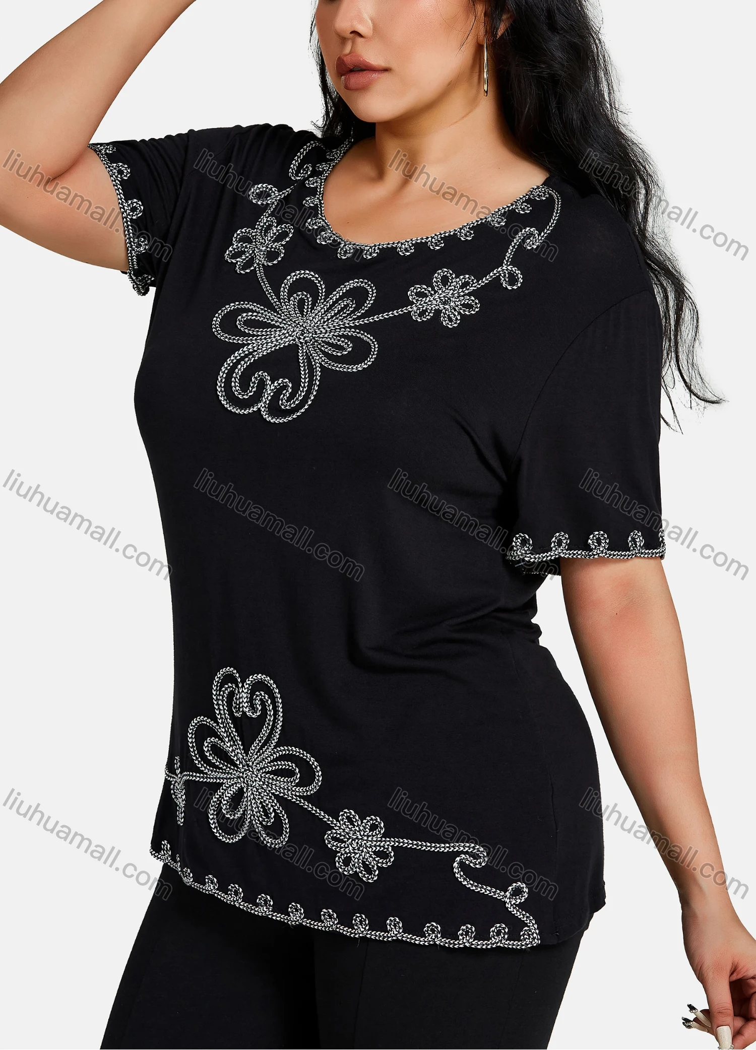 Wholesale Women's Elegant Round Neck Floral Embroidery Short Sleeve T-Shirt - Liuhuamall