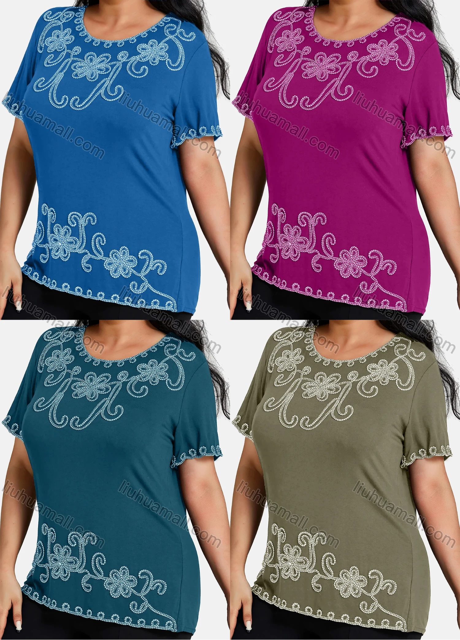 Wholesale Women's Elegant Round Neck Floral Embroidery Short Sleeve T-Shirt - Liuhuamall
