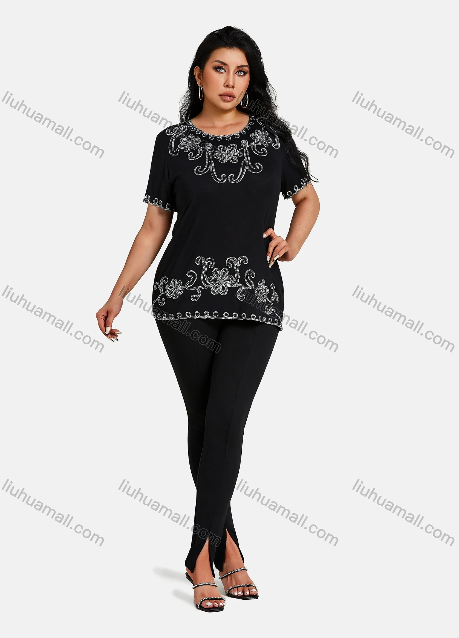 Wholesale Women's Elegant Round Neck Floral Embroidery Short Sleeve T-Shirt - Liuhuamall