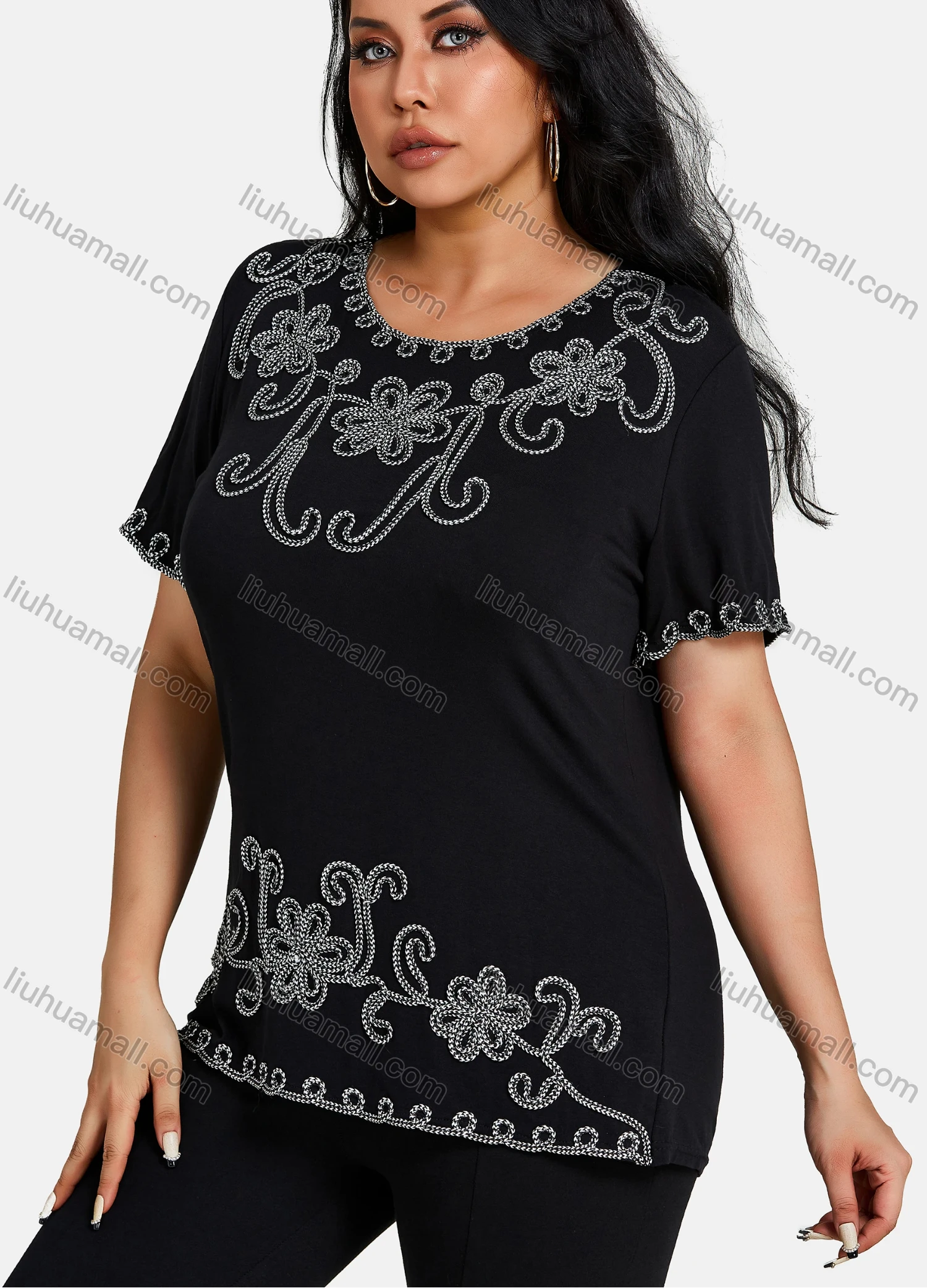 Wholesale Women's Elegant Round Neck Floral Embroidery Short Sleeve T-Shirt - Liuhuamall