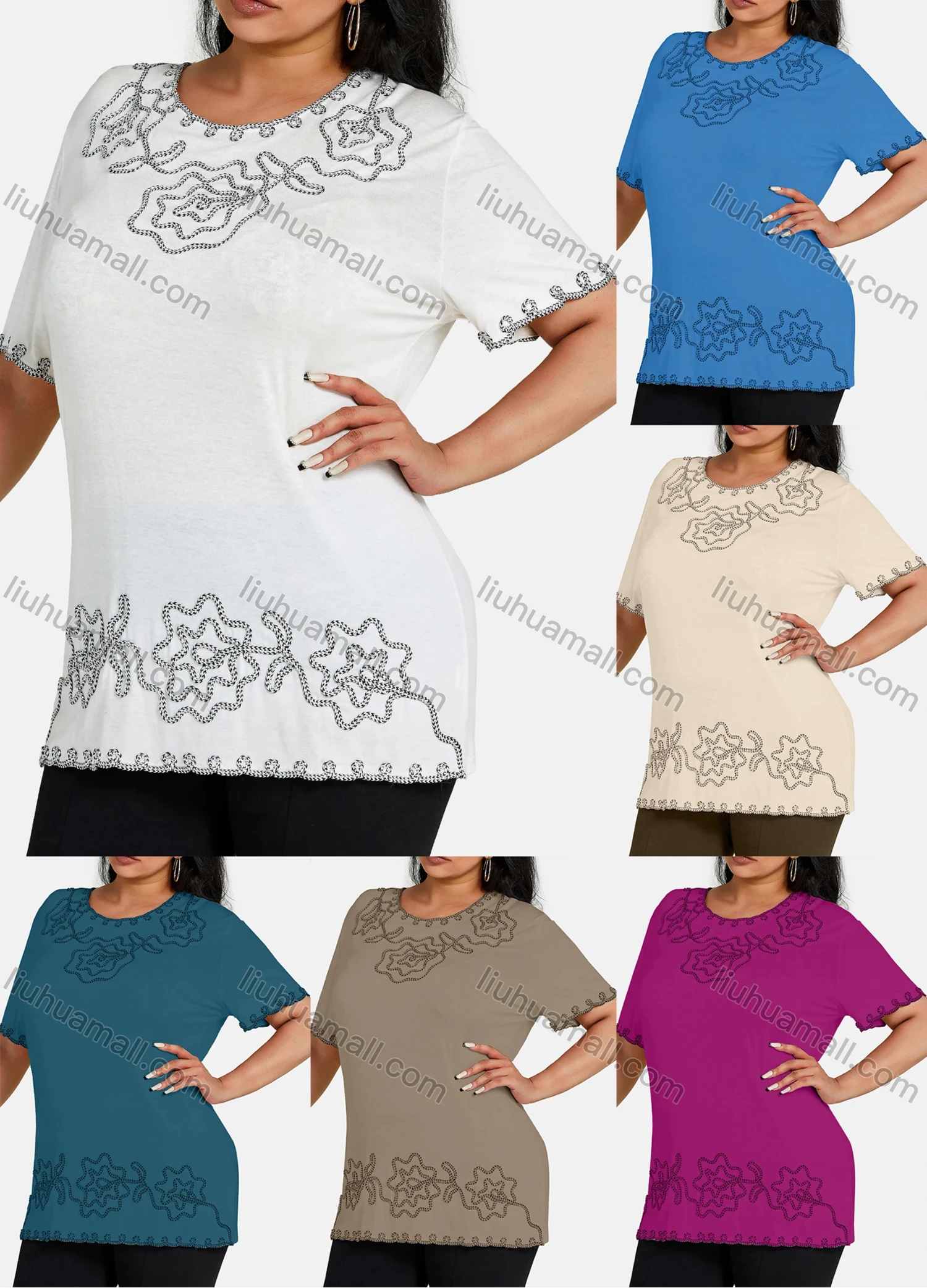 Wholesale Women's Elegant Round Neck Floral Embroidery Short Sleeve T-Shirt - Liuhuamall