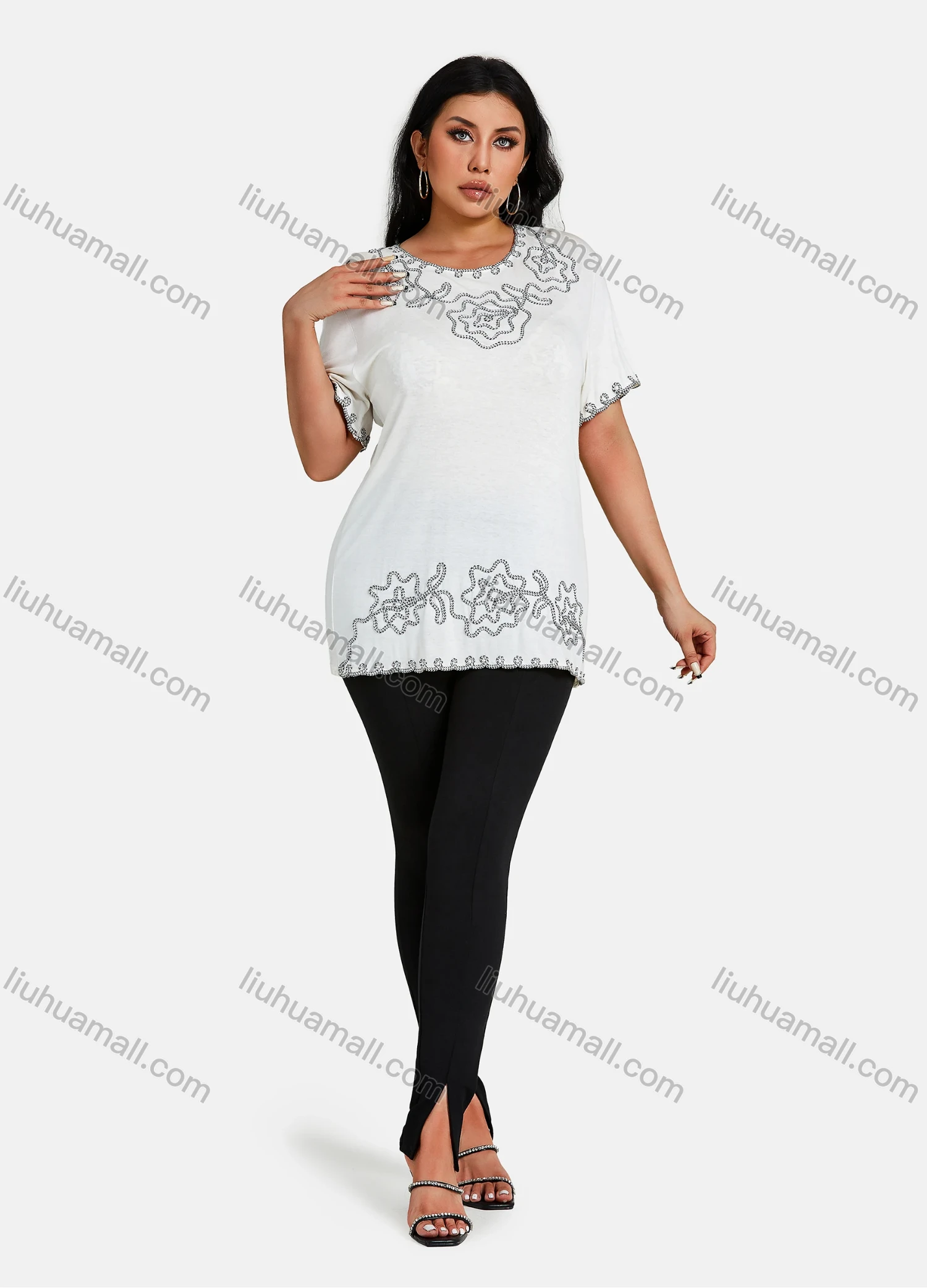 Wholesale Women's Elegant Round Neck Floral Embroidery Short Sleeve T-Shirt - Liuhuamall