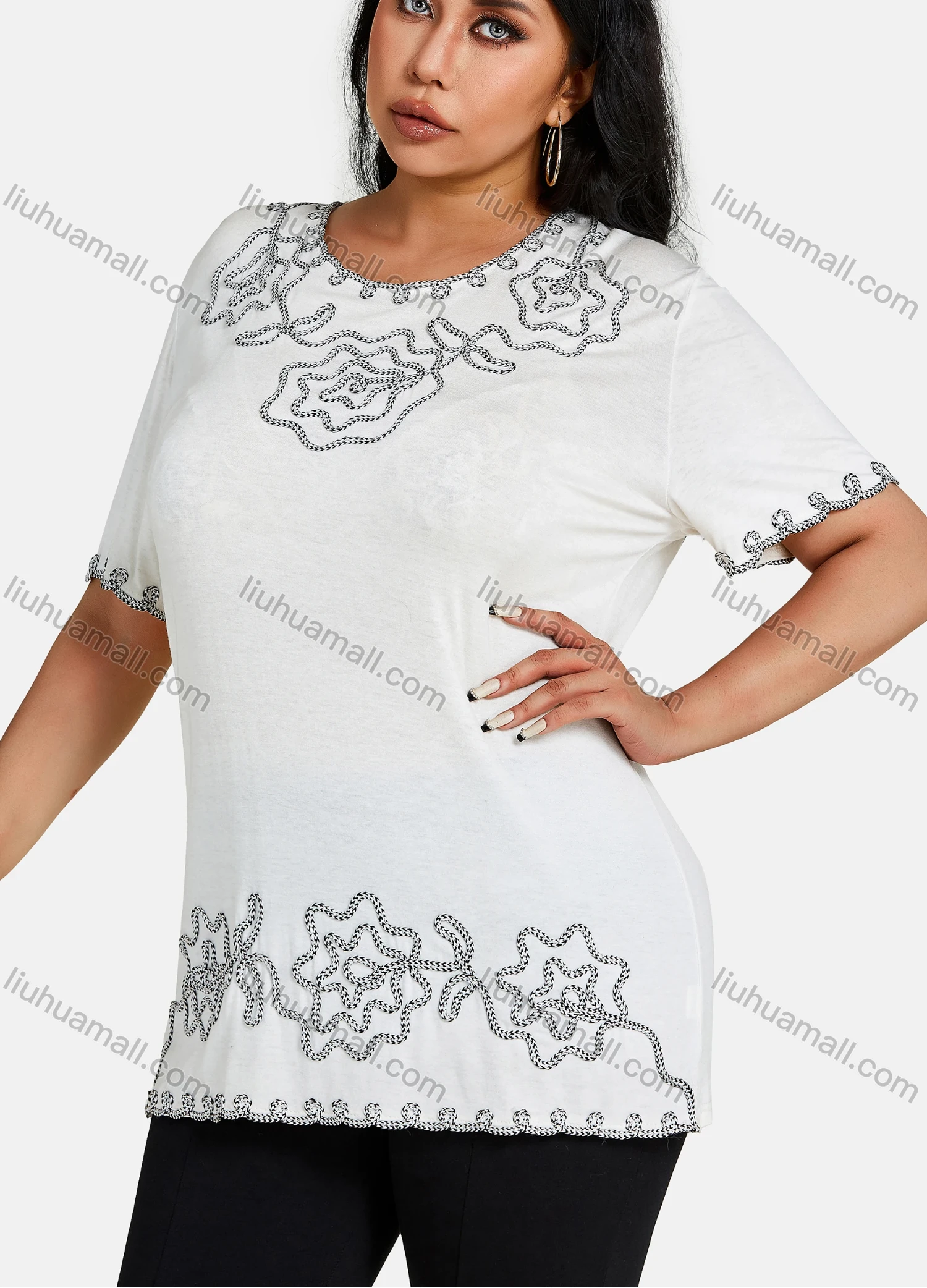 Wholesale Women's Elegant Round Neck Floral Embroidery Short Sleeve T-Shirt - Liuhuamall