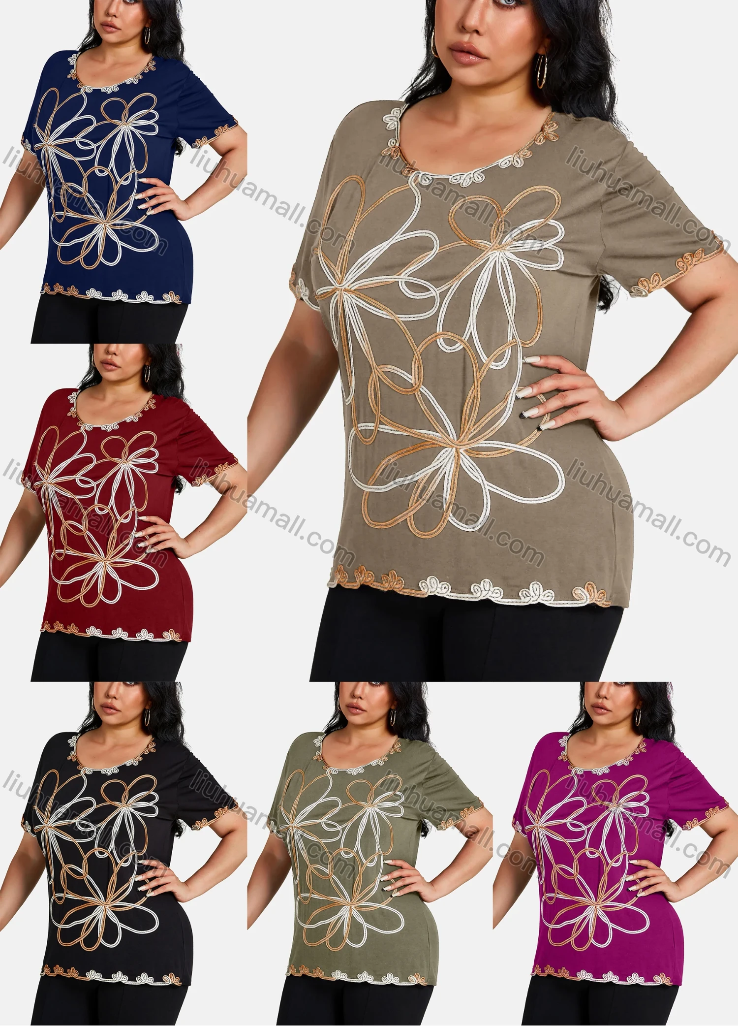 Wholesale Women's Elegant Round Neck Gradient Floral Embroidery Short Sleeve T-Shirt - Liuhuamall