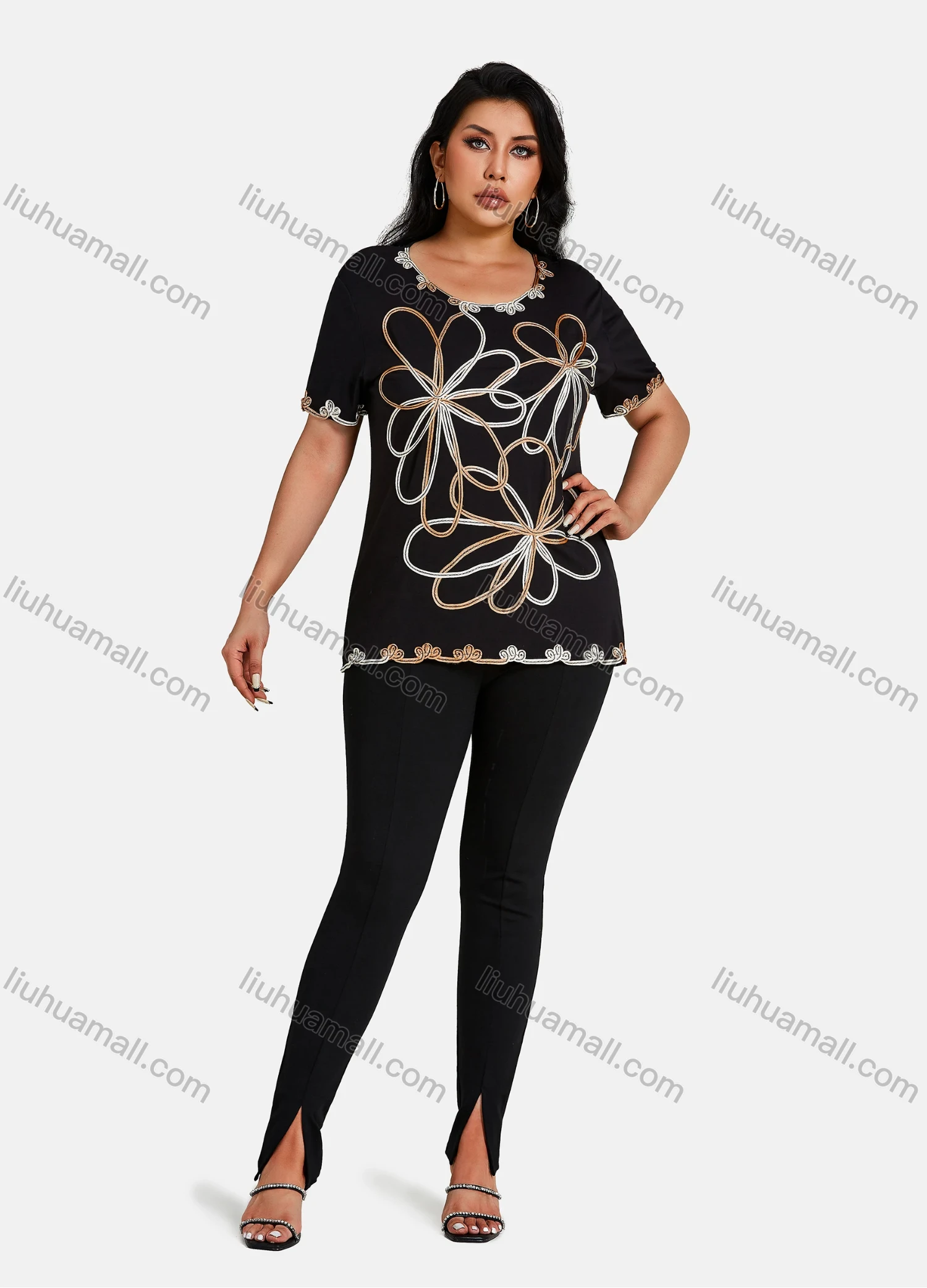 Wholesale Women's Elegant Round Neck Gradient Floral Embroidery Short Sleeve T-Shirt - Liuhuamall