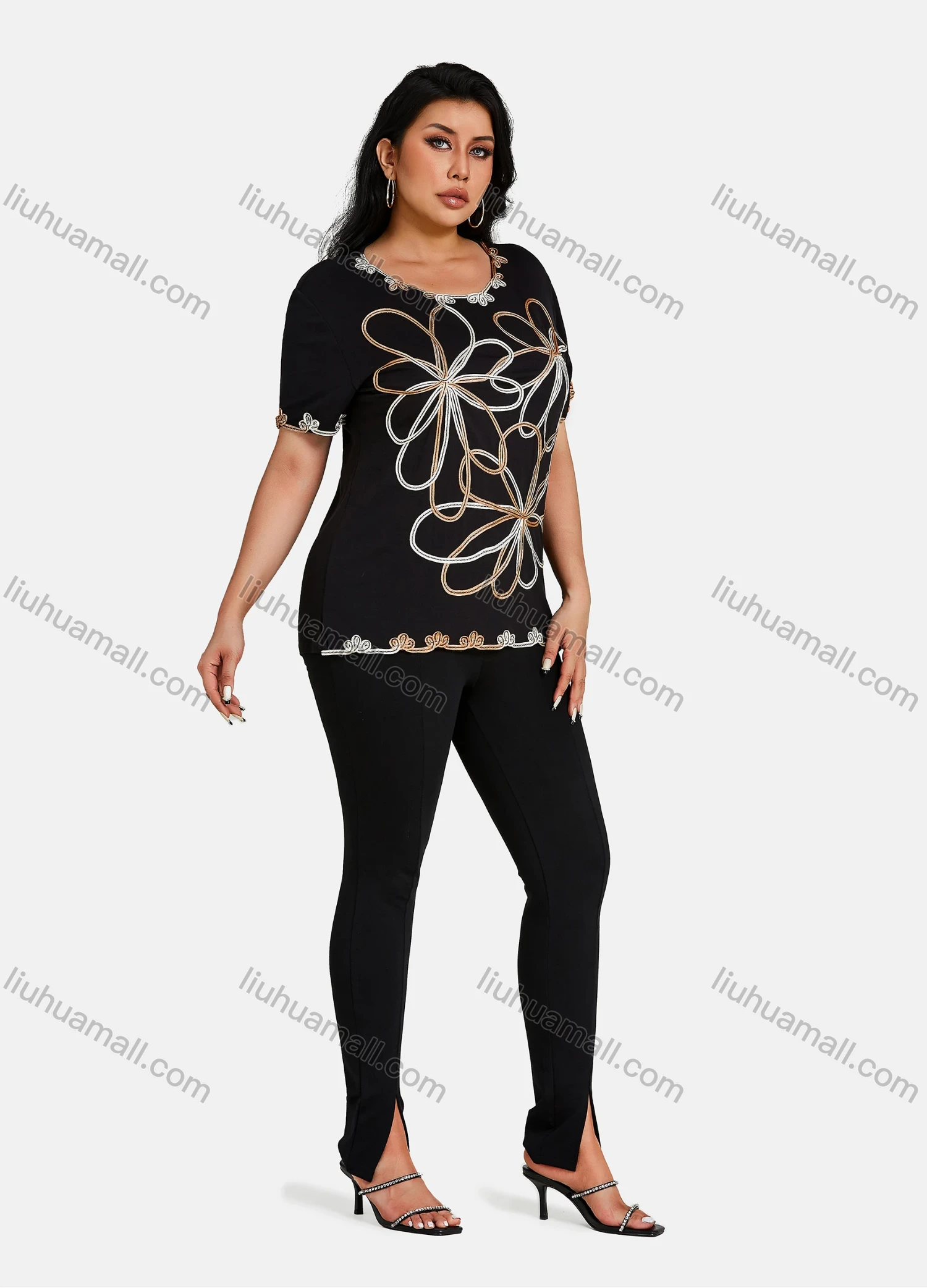 Wholesale Women's Elegant Round Neck Gradient Floral Embroidery Short Sleeve T-Shirt - Liuhuamall