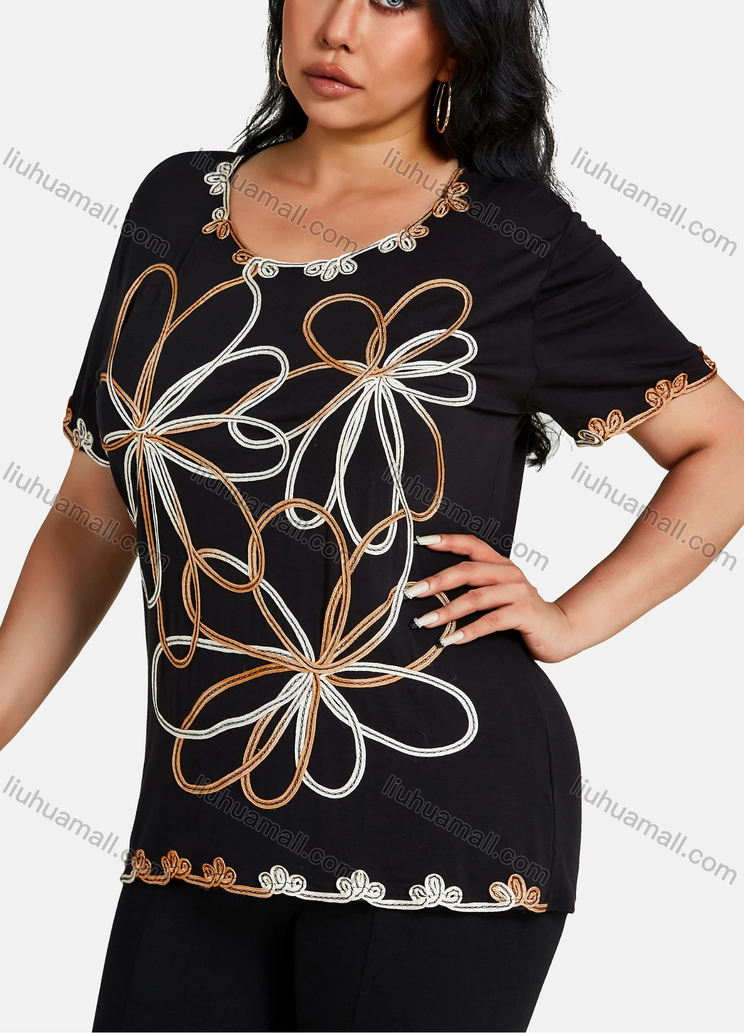 Wholesale Women's Elegant Round Neck Gradient Floral Embroidery Short Sleeve T-Shirt - Liuhuamall