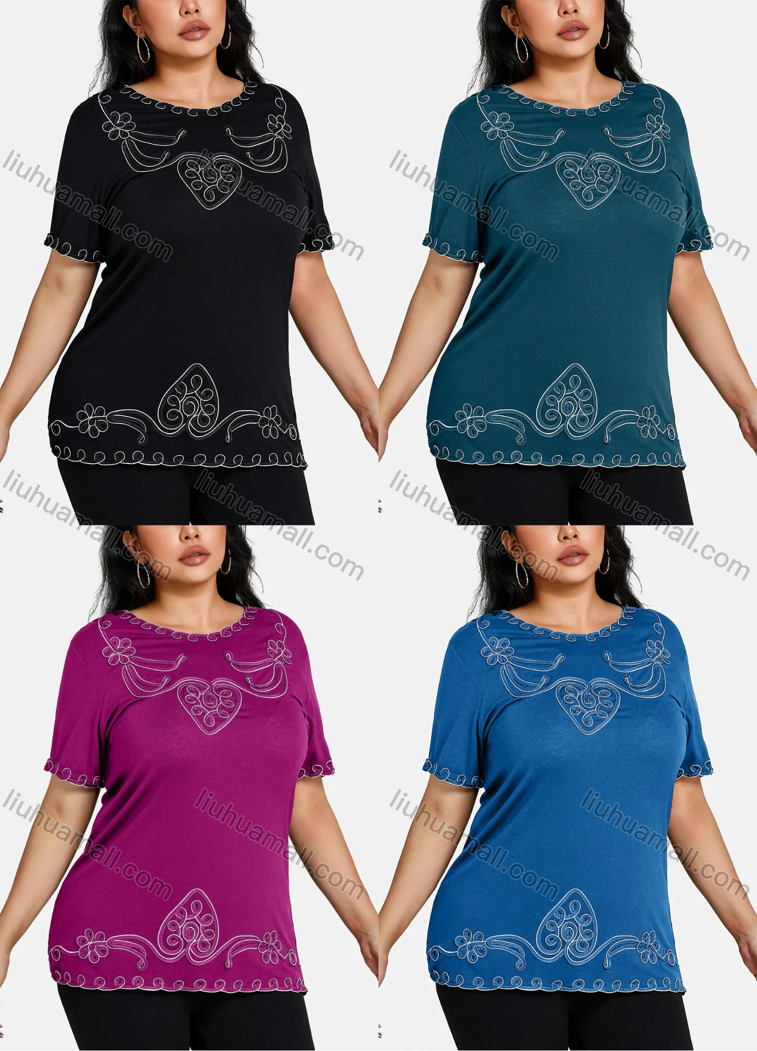 Wholesale Women's Elegant Round Neck Floral Embroidery Short Sleeve T-Shirt - Liuhuamall