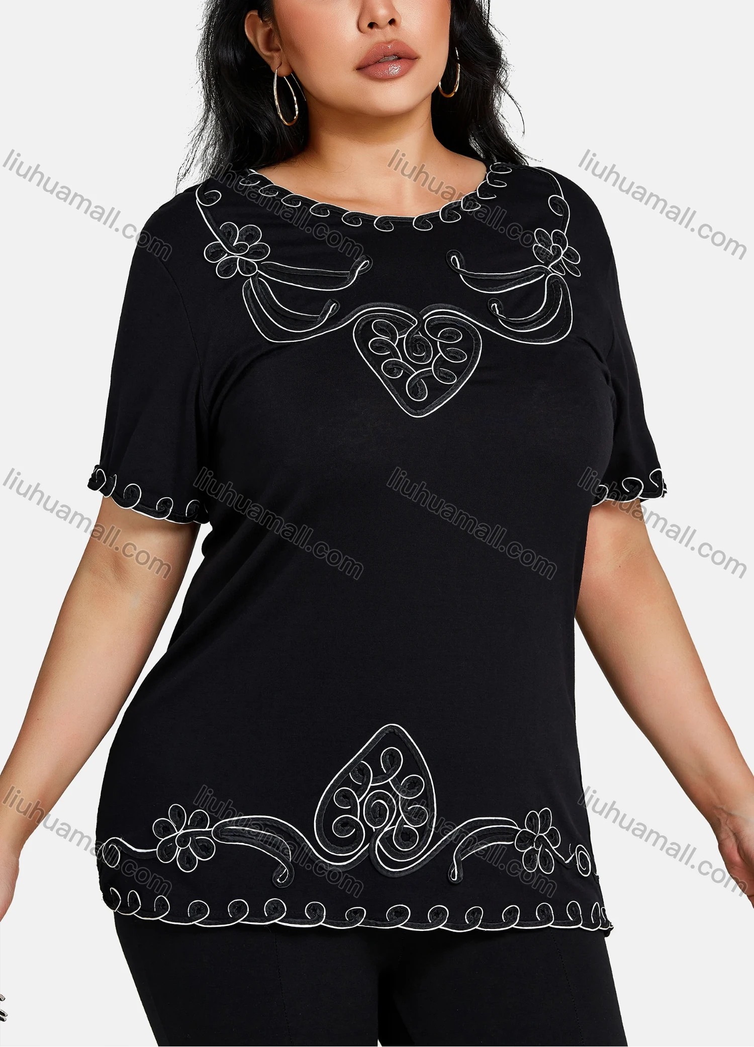 Wholesale Women's Elegant Round Neck Floral Embroidery Short Sleeve T-Shirt - Liuhuamall