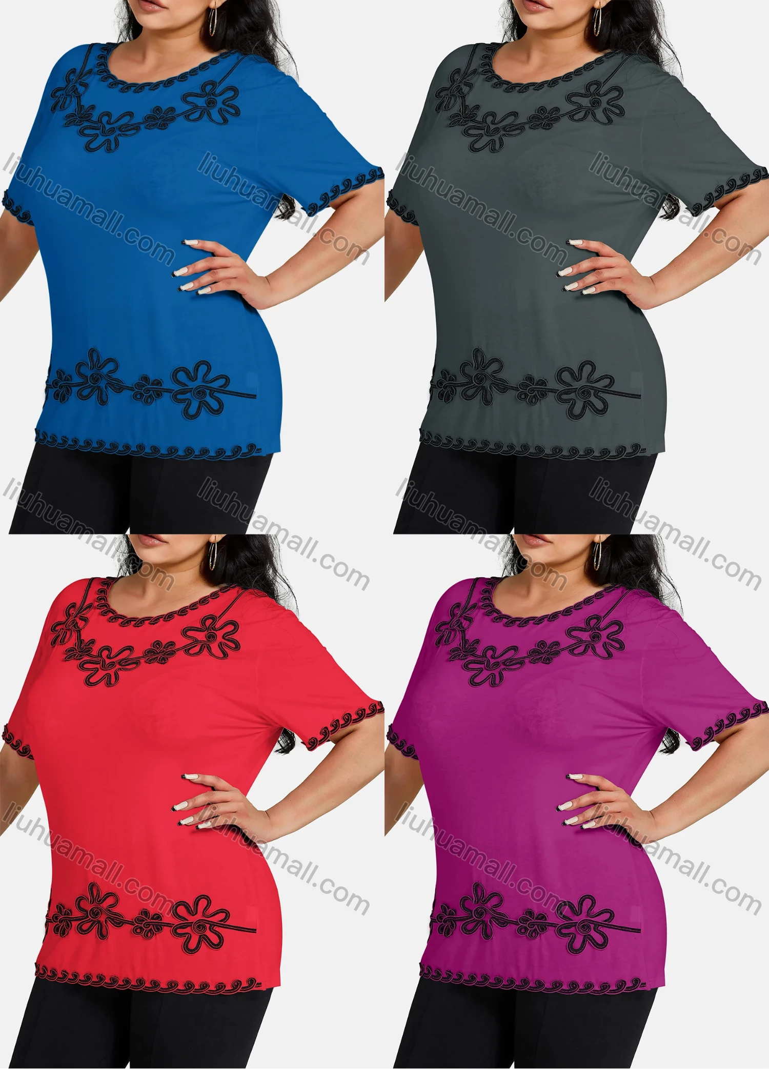 Wholesale Women's Elegant Round Neck Floral Embroidery Short Sleeve T-Shirt - Liuhuamall