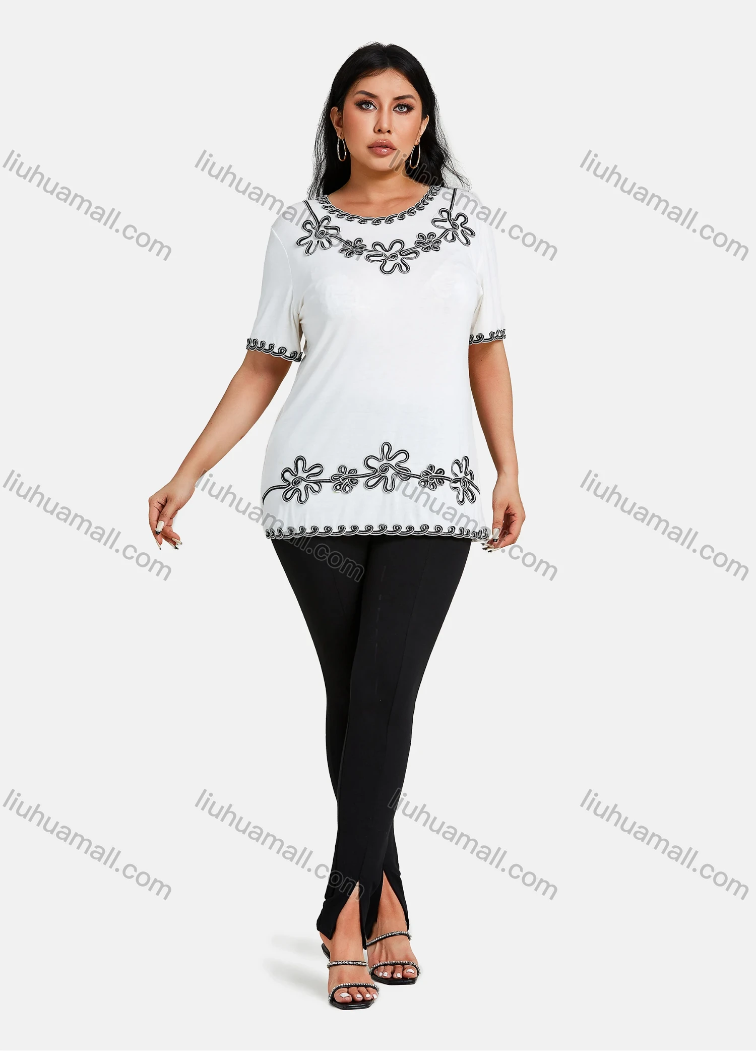 Wholesale Women's Elegant Round Neck Floral Embroidery Short Sleeve T-Shirt - Liuhuamall