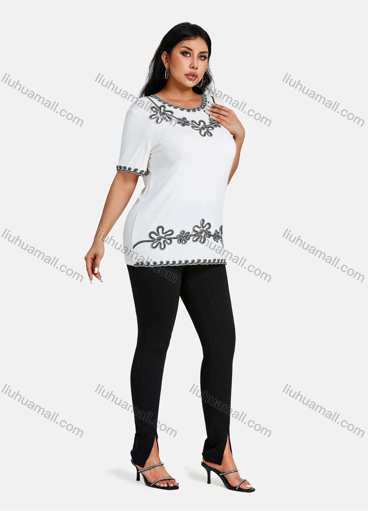 Wholesale Women's Elegant Round Neck Floral Embroidery Short Sleeve T-Shirt - Liuhuamall