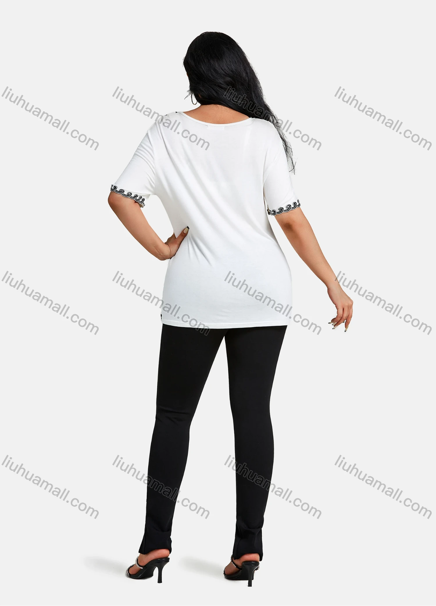 Wholesale Women's Elegant Round Neck Floral Embroidery Short Sleeve T-Shirt - Liuhuamall