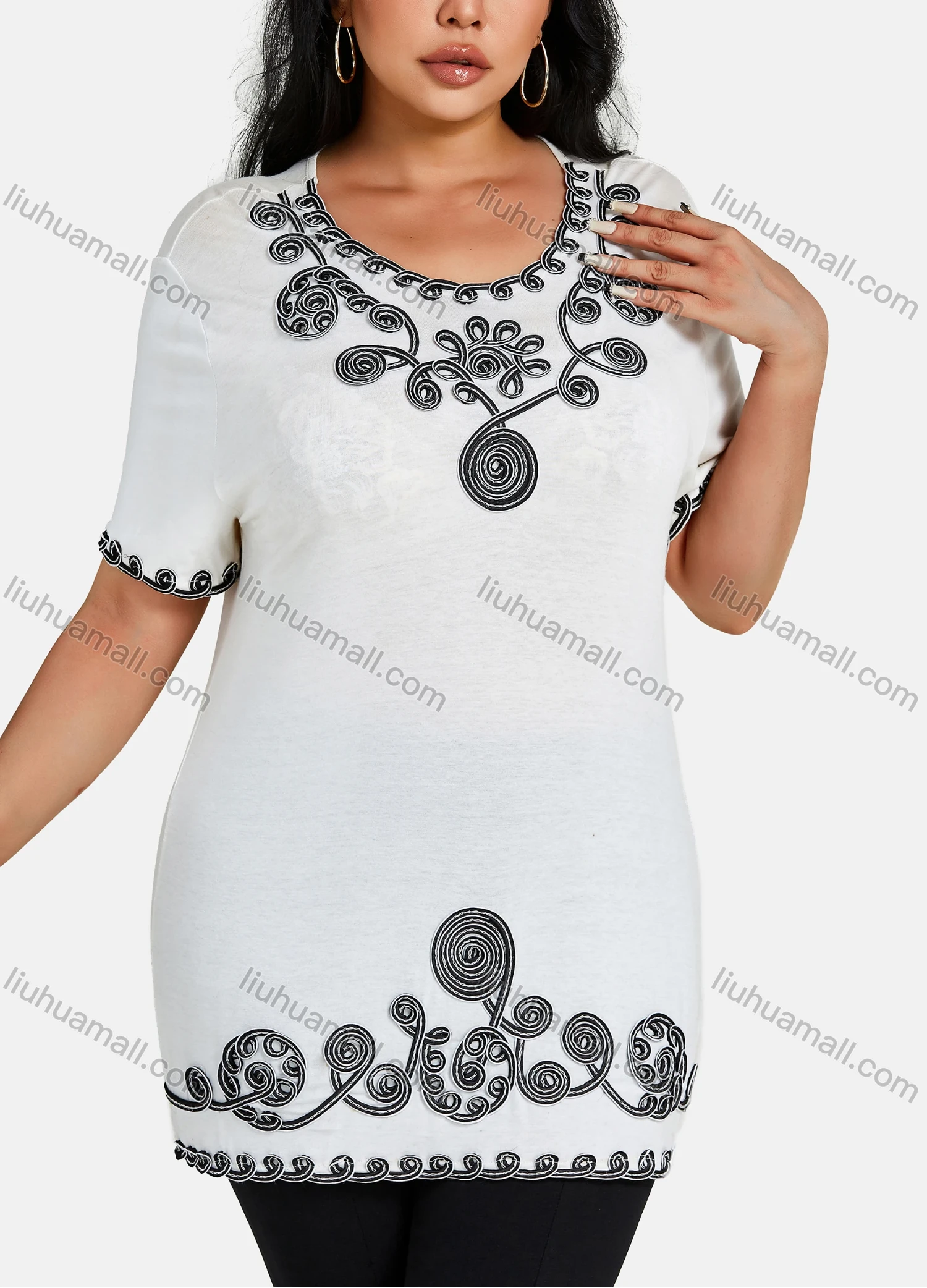 Wholesale Women's Elegant Round Neck Floral Embroidery Short Sleeve T-Shirt - Liuhuamall