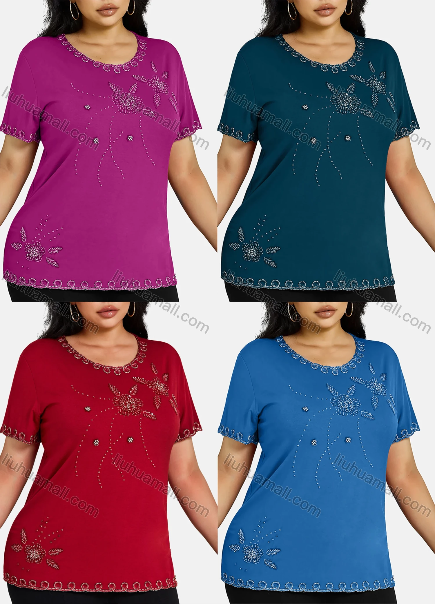 Wholesale Women's Elegant Round Neck Floral Embroidery Short Sleeve T-Shirt - Liuhuamall