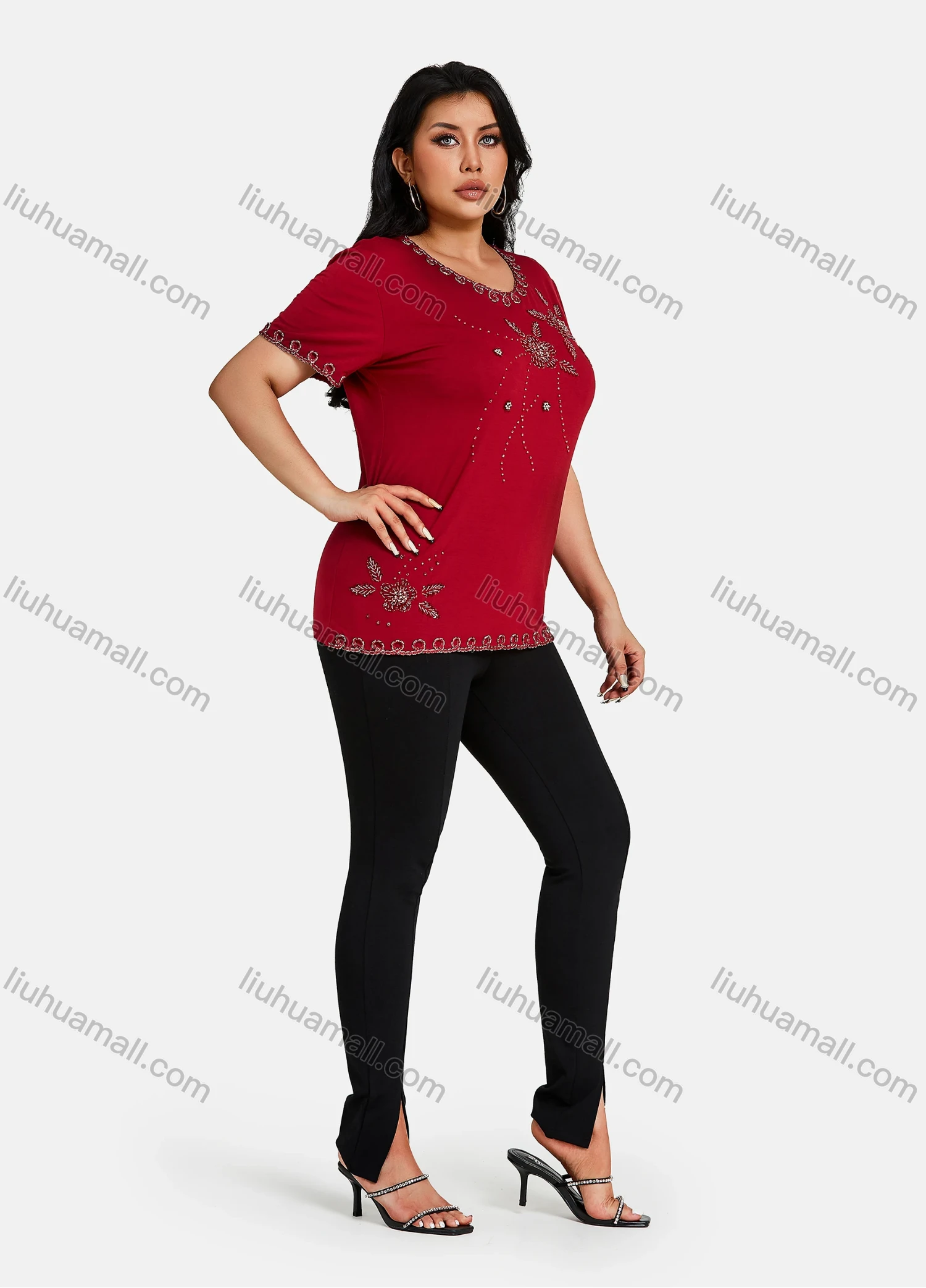 Wholesale Women's Elegant Round Neck Floral Embroidery Short Sleeve T-Shirt - Liuhuamall