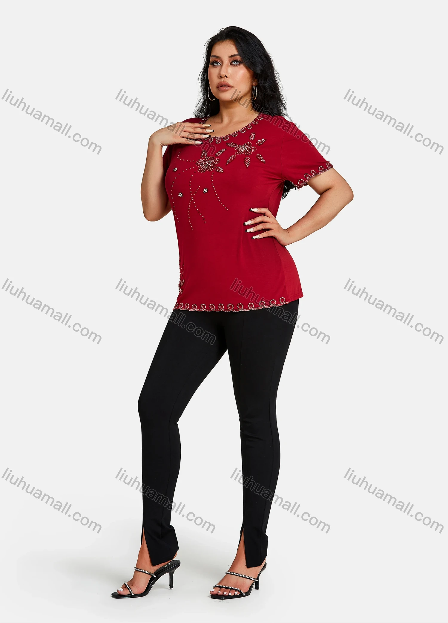 Wholesale Women's Elegant Round Neck Floral Embroidery Short Sleeve T-Shirt - Liuhuamall