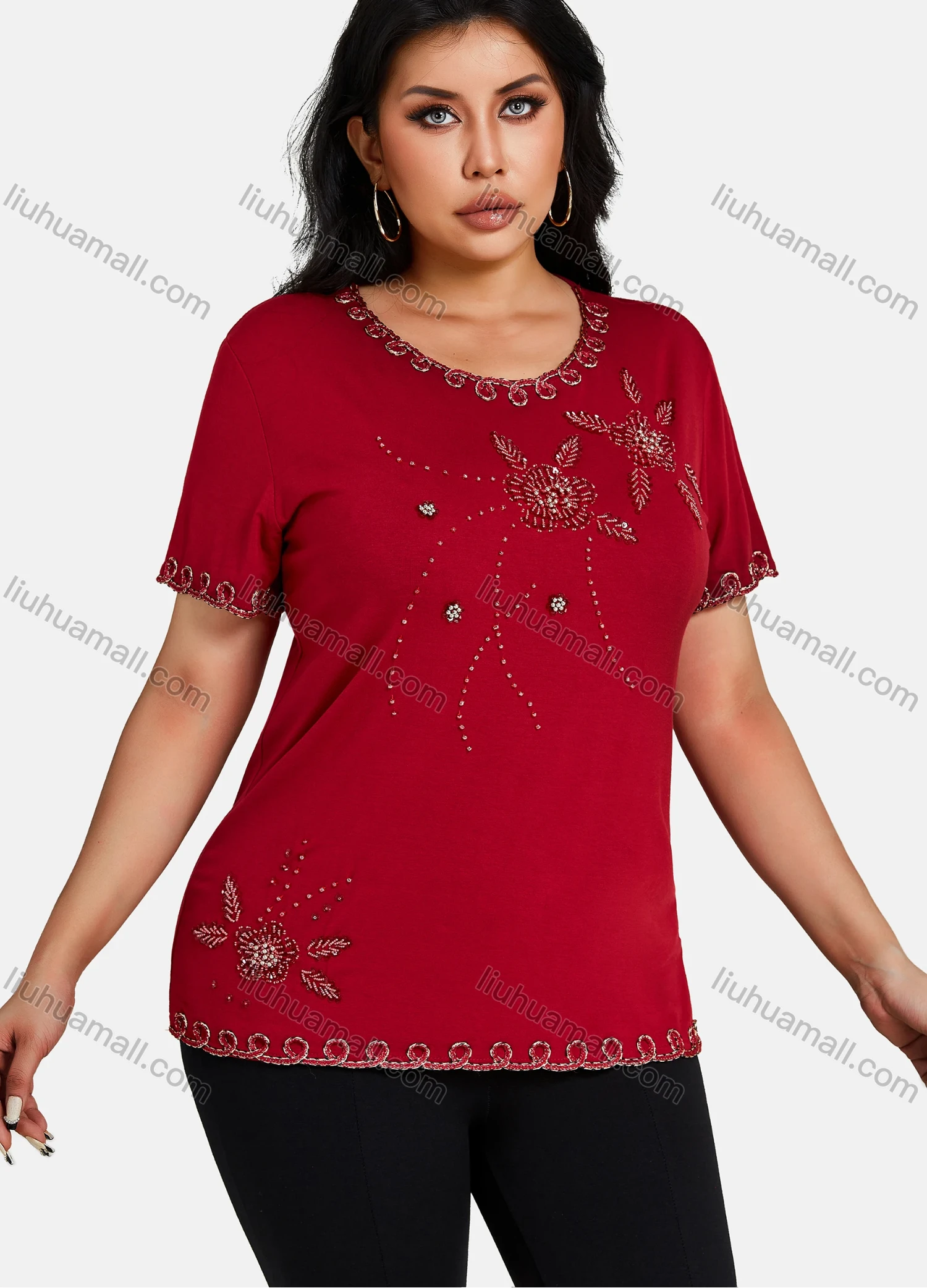 Wholesale Women's Elegant Round Neck Floral Embroidery Short Sleeve T-Shirt - Liuhuamall